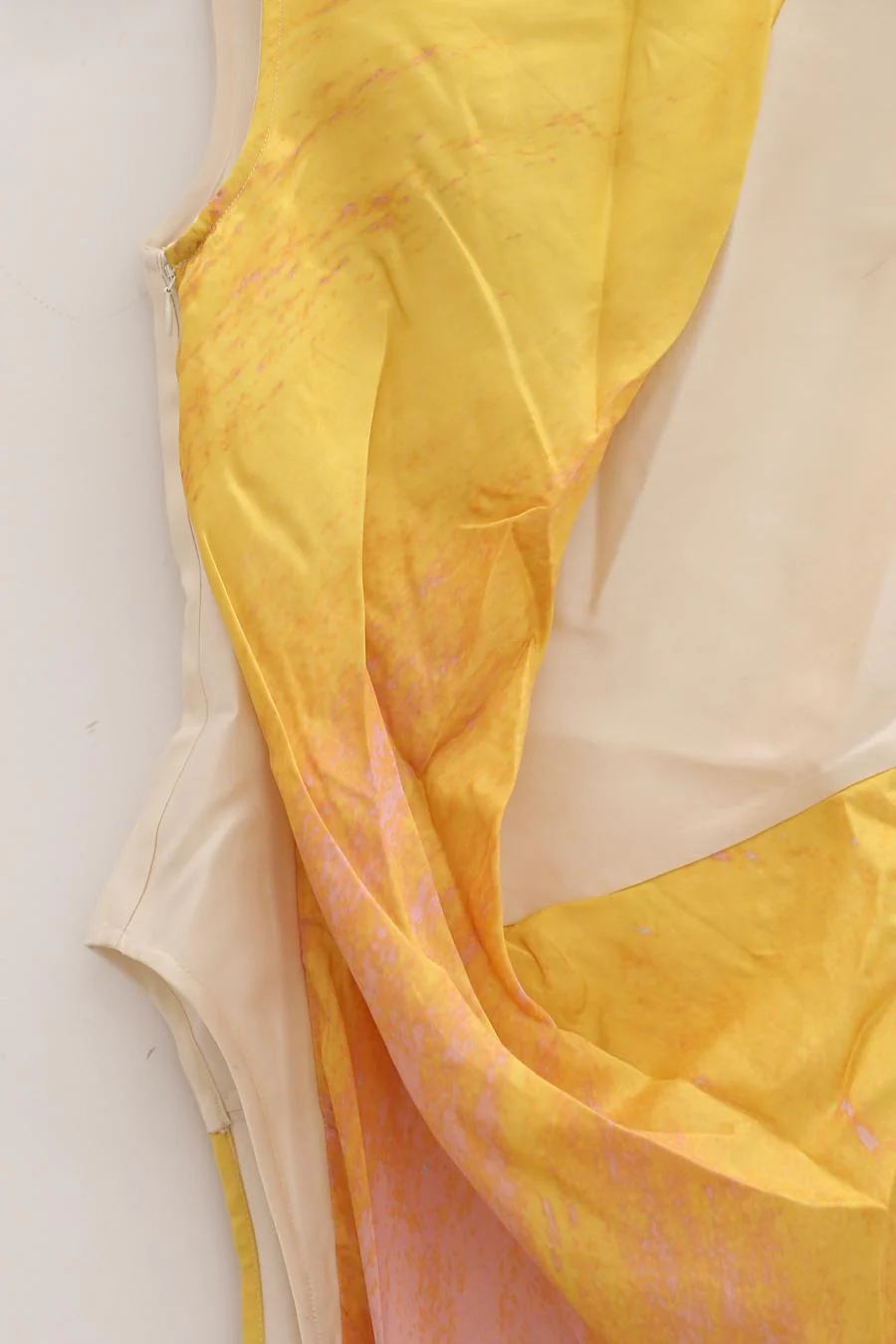 OUDE WAAG Silk Wool Panel Draped Print Dress OW-22AW-DS13 Yellow Pink Print - Image 9