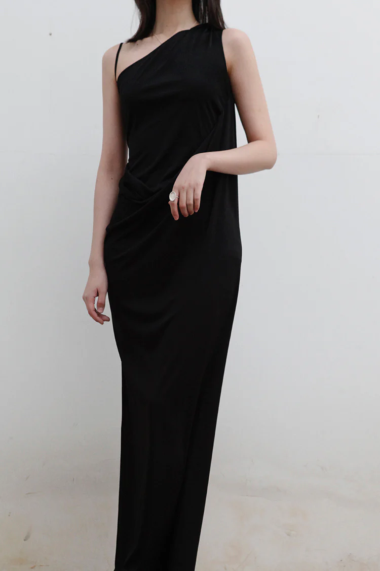 OUDE WAAG Slanted Shoulder Drape Dress OW-22SS-DS02 Black - Image 2