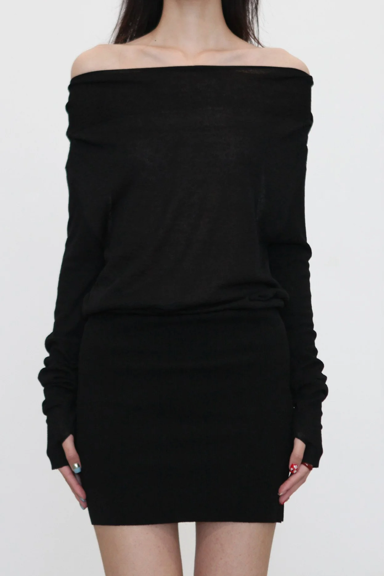 OUDE WAAG Spring/Summer 2026 Draped Neckline Ruffled Textured Knit Mini Dress OW-OW-26SS-KD03-HEI BL900 BLACK