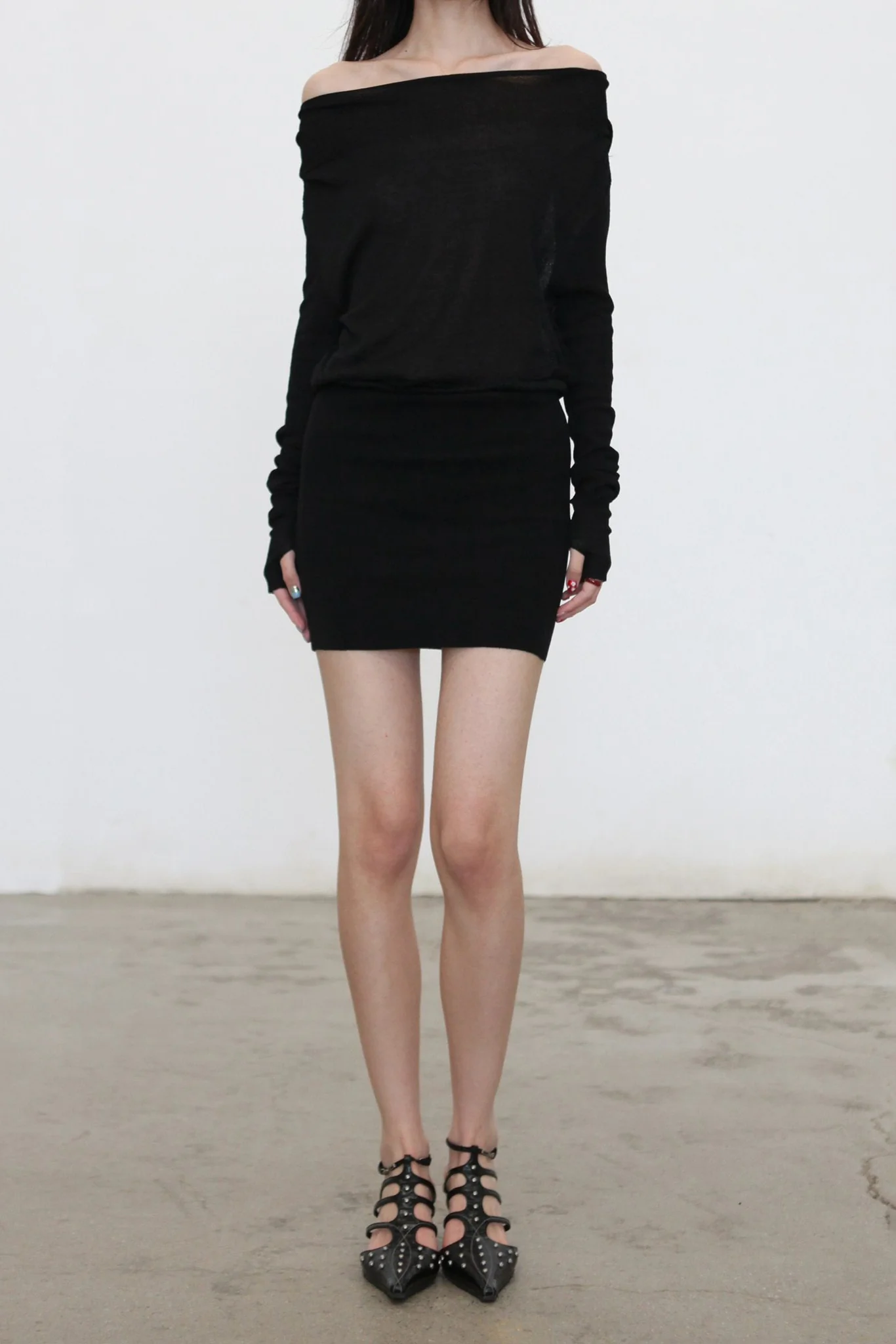 OUDE WAAG Spring/Summer 2026 Draped Neckline Ruffled Textured Knit Mini Dress OW-OW-26SS-KD03-HEI BL900 BLACK - Image 2