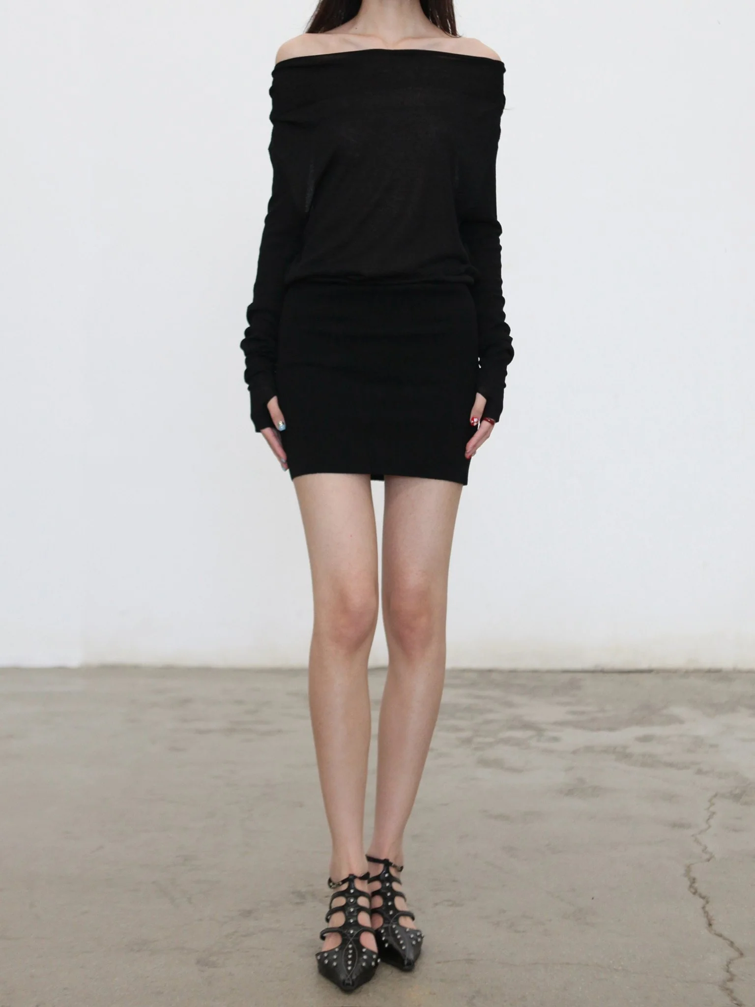 OUDE WAAG Spring/Summer 2026 Draped Neckline Ruffled Textured Knit Mini Dress OW-OW-26SS-KD03-HEI BL900 BLACK - Image 3