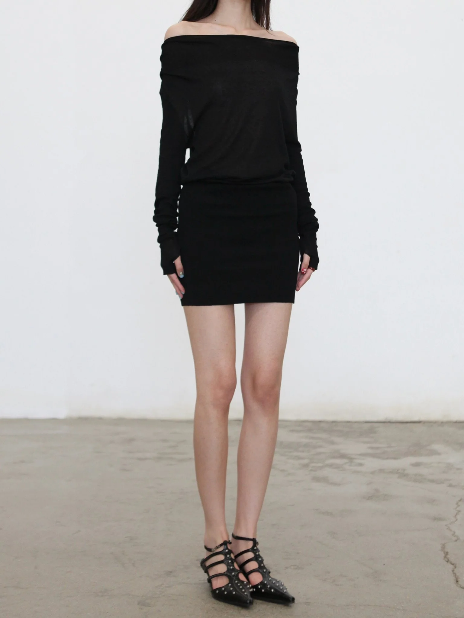 OUDE WAAG Spring/Summer 2026 Draped Neckline Ruffled Textured Knit Mini Dress OW-OW-26SS-KD03-HEI BL900 BLACK - Image 4