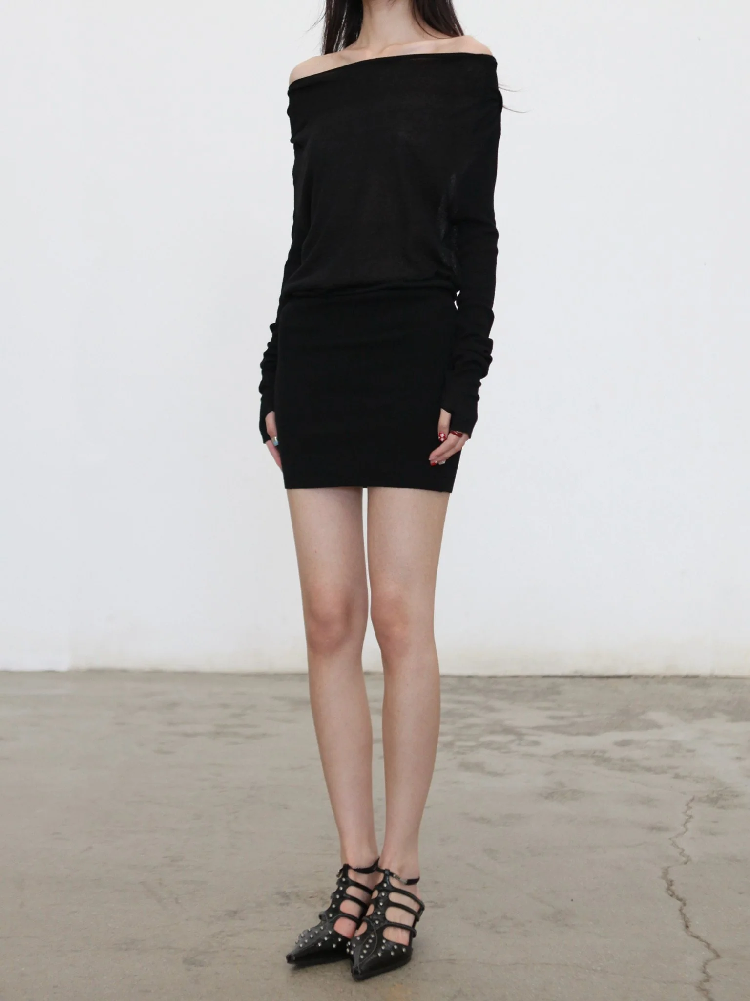 OUDE WAAG Spring/Summer 2026 Draped Neckline Ruffled Textured Knit Mini Dress OW-OW-26SS-KD03-HEI BL900 BLACK - Image 5