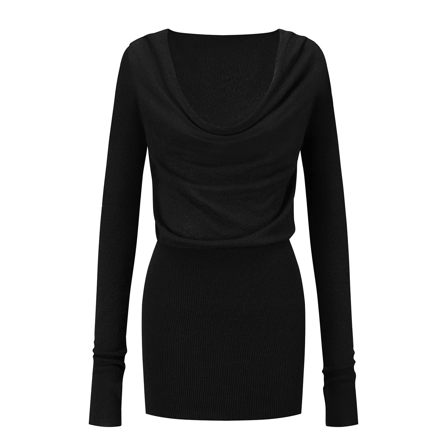 OUDE WAAG Spring/Summer 2026 Draped Neckline Ruffled Textured Knit Mini Dress OW-OW-26SS-KD03-HEI BL900 BLACK - Image 6