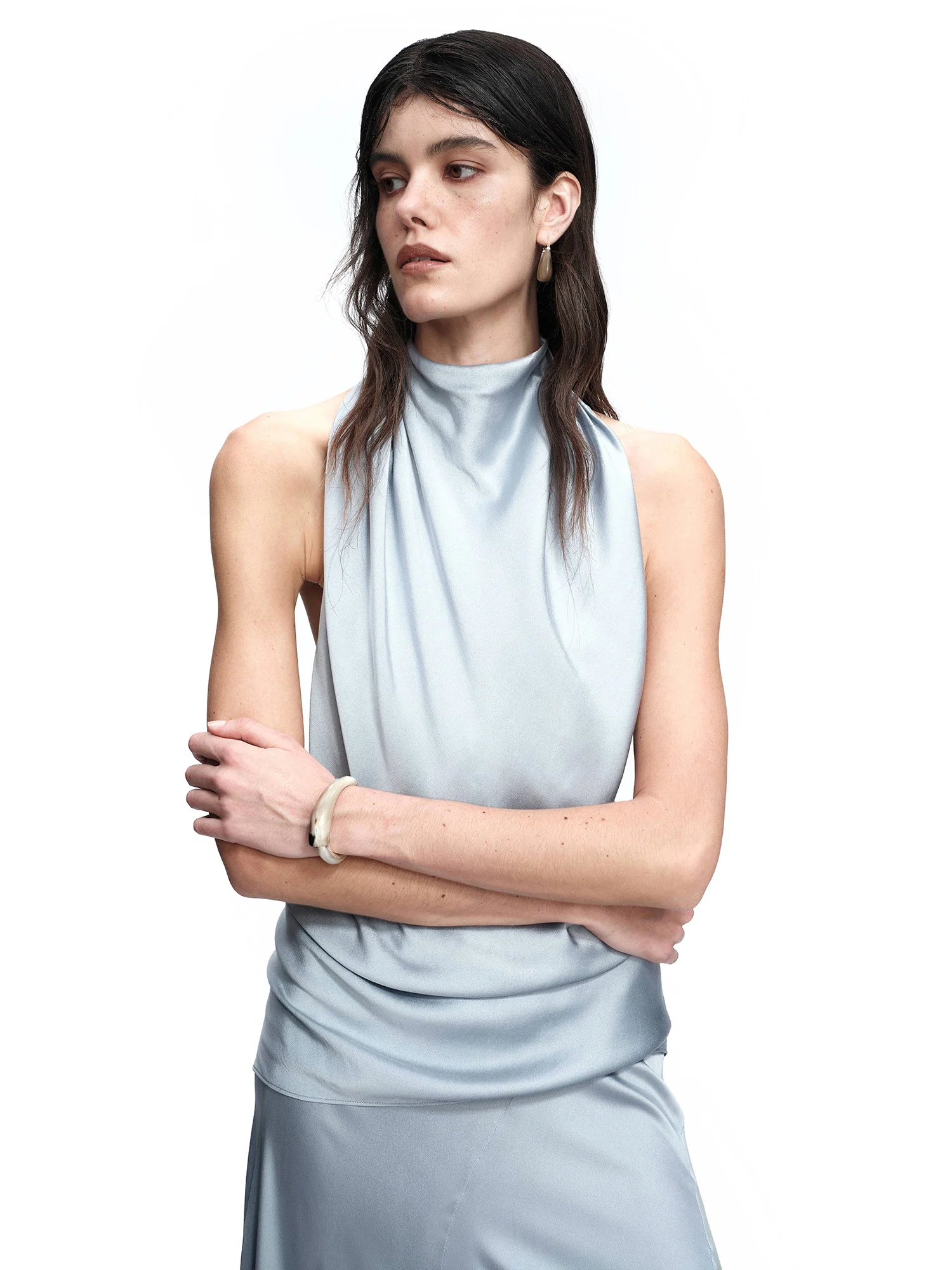 OUDE WAAG Spring/Summer 2026 High-Neck Silk Top OW-OW-26SS-TP05-QL BU660 LIGHT BLUE - Image 8