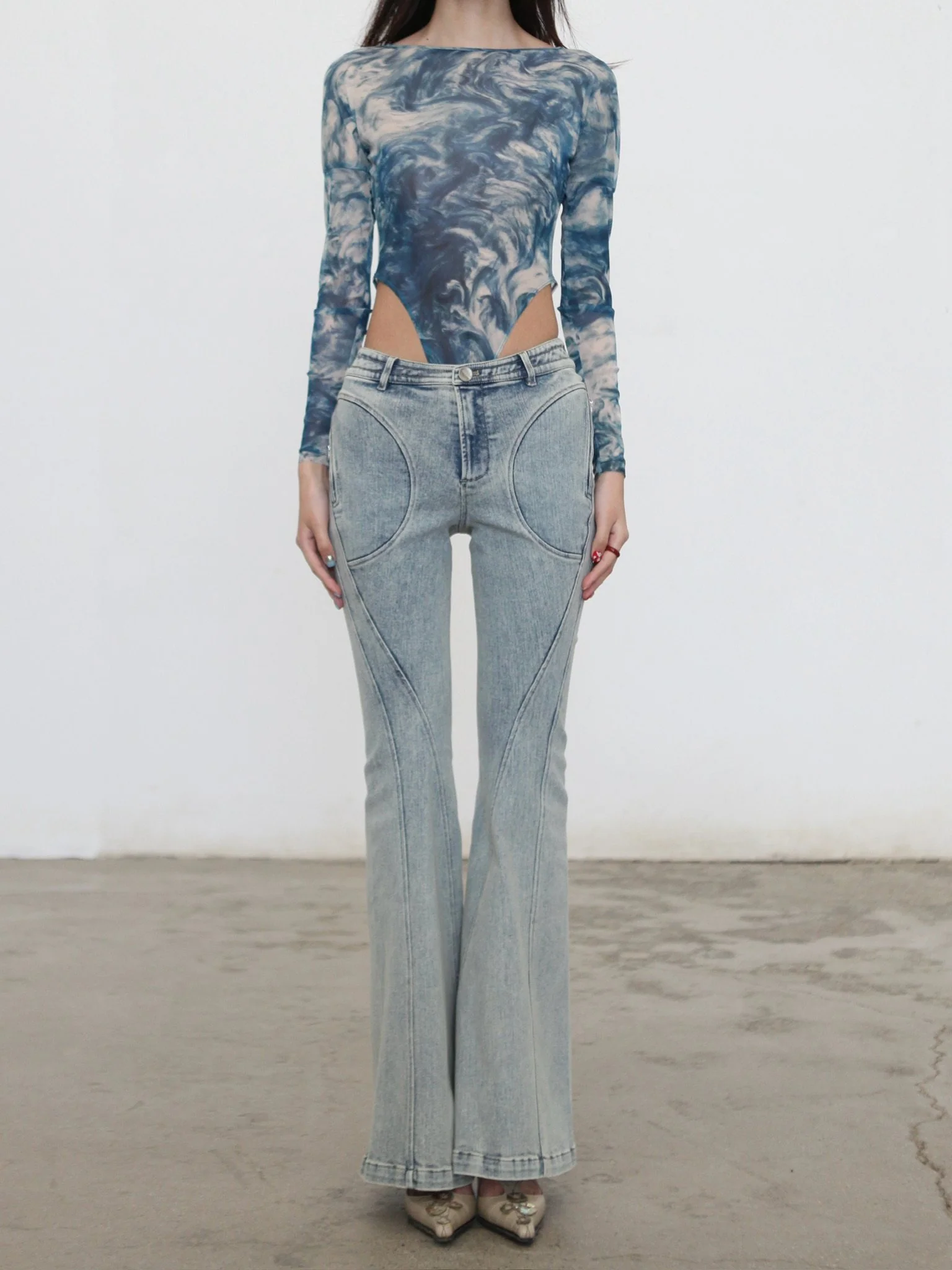 OUDE WAAG Spring/Summer 2026 Off-Shoulder Mesh Printed Jumpsuit OW-OW-26SS-BD05-LBYH BU061 BLUE/WHITE PRINT - Image 8