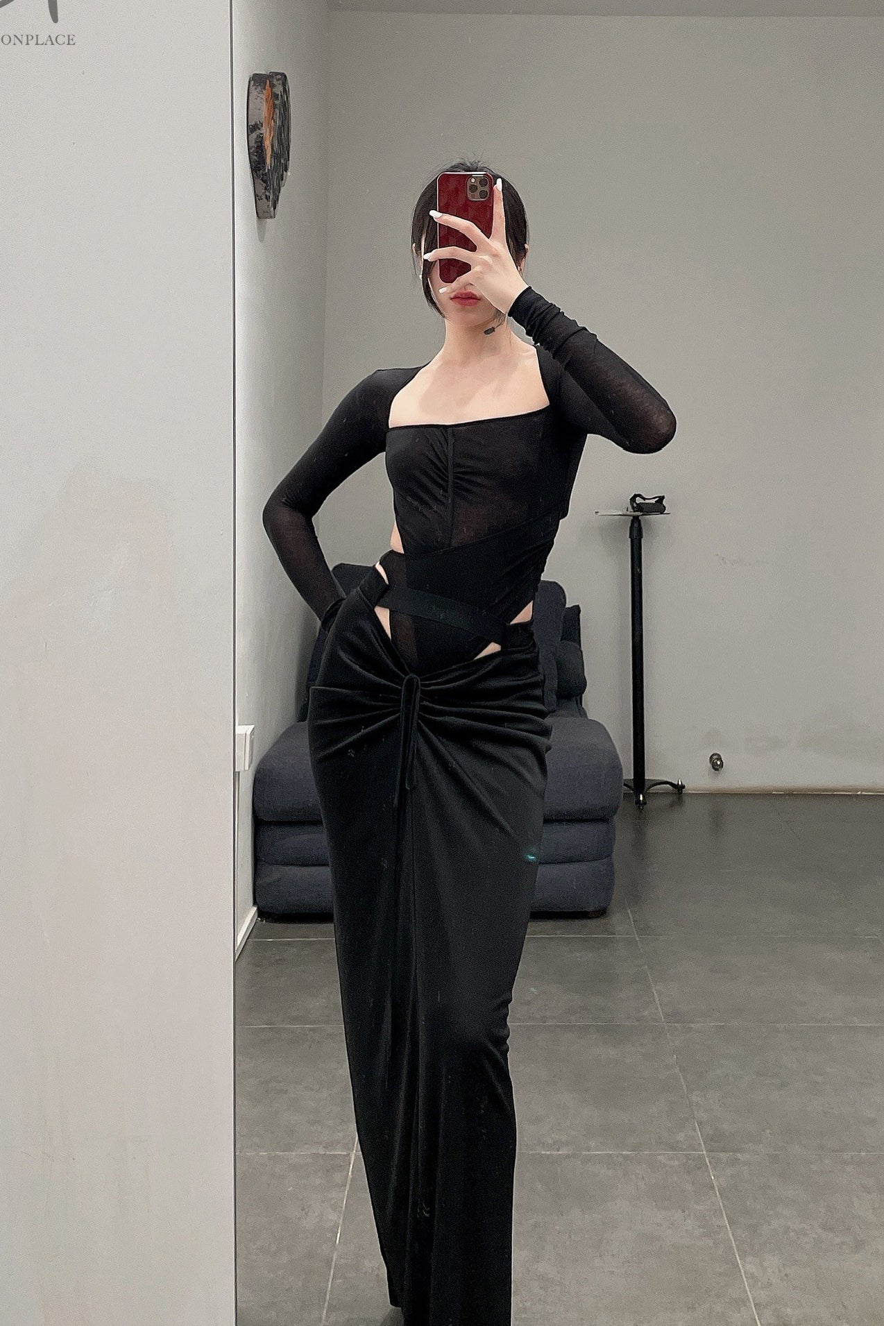 OUDE WAAG Square Neck Cutout Bodysuit OW-22SS-UW01 Black - Image 12