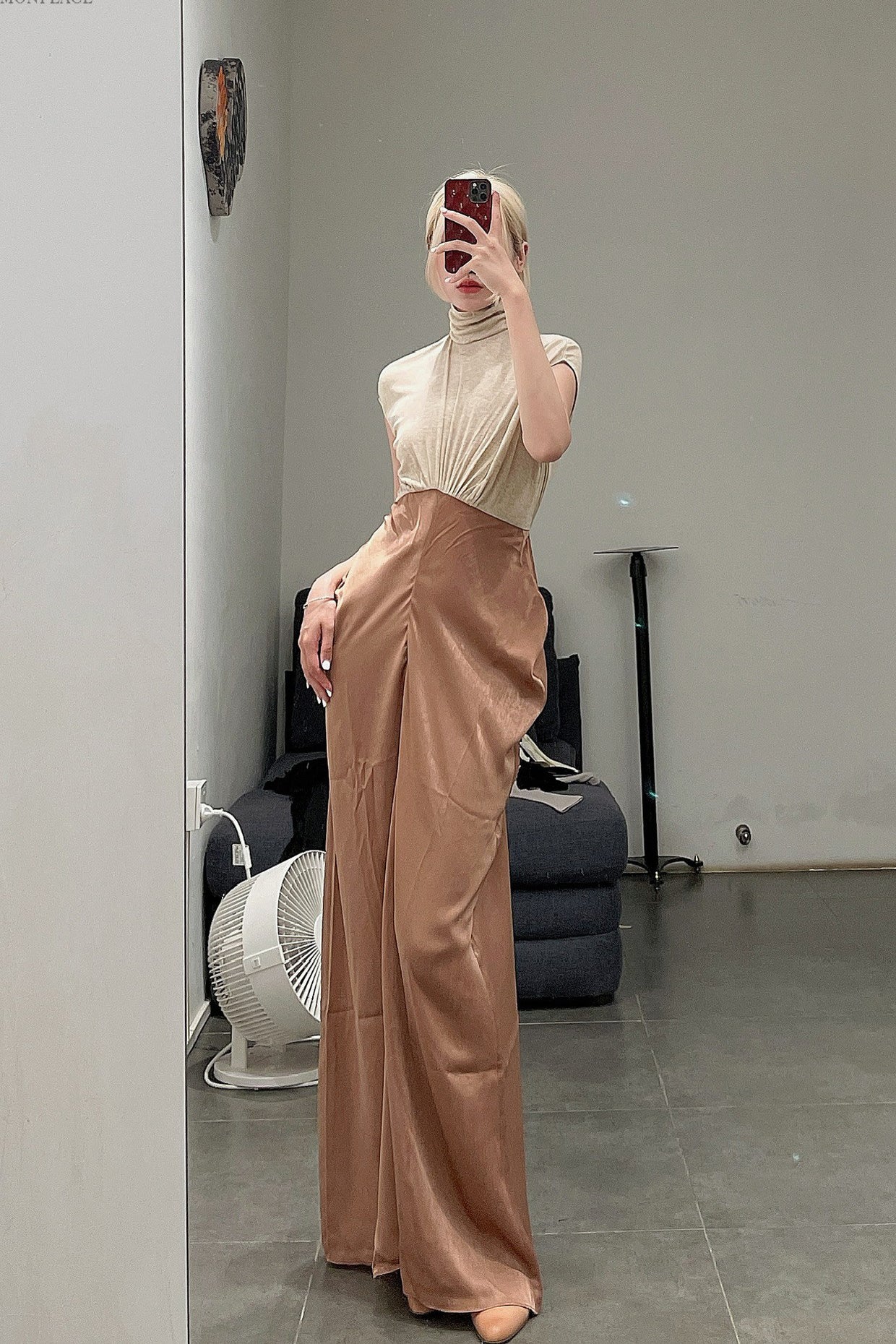 OUDE WAAG Turtleneck Panel Drape Dress OW-22AW-DS15 Maroon - Image 14