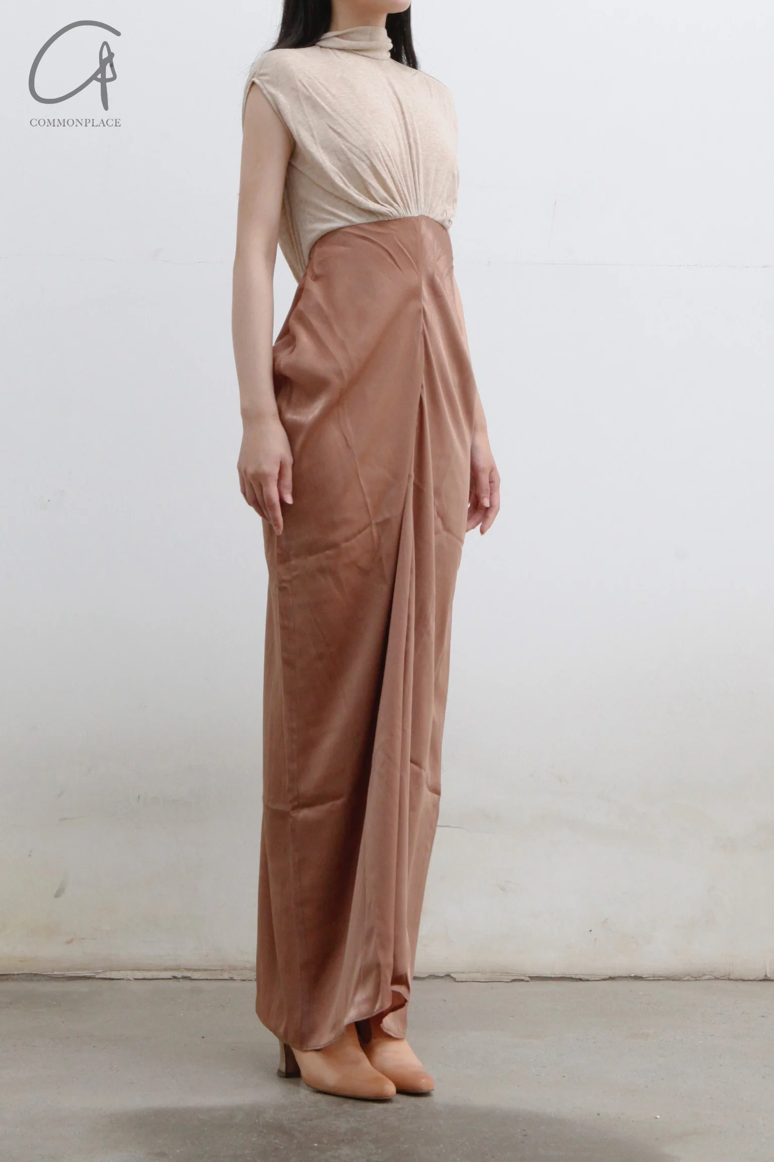 OUDE WAAG Turtleneck Panel Drape Dress OW-22AW-DS15 Maroon - Image 2