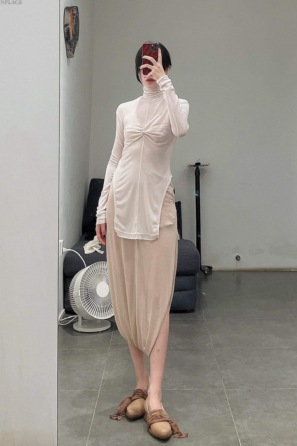 OUDE WAAG Turtleneck Ruched Long Sleeve Top OW-22AW-TP06 Pink White - Image 11