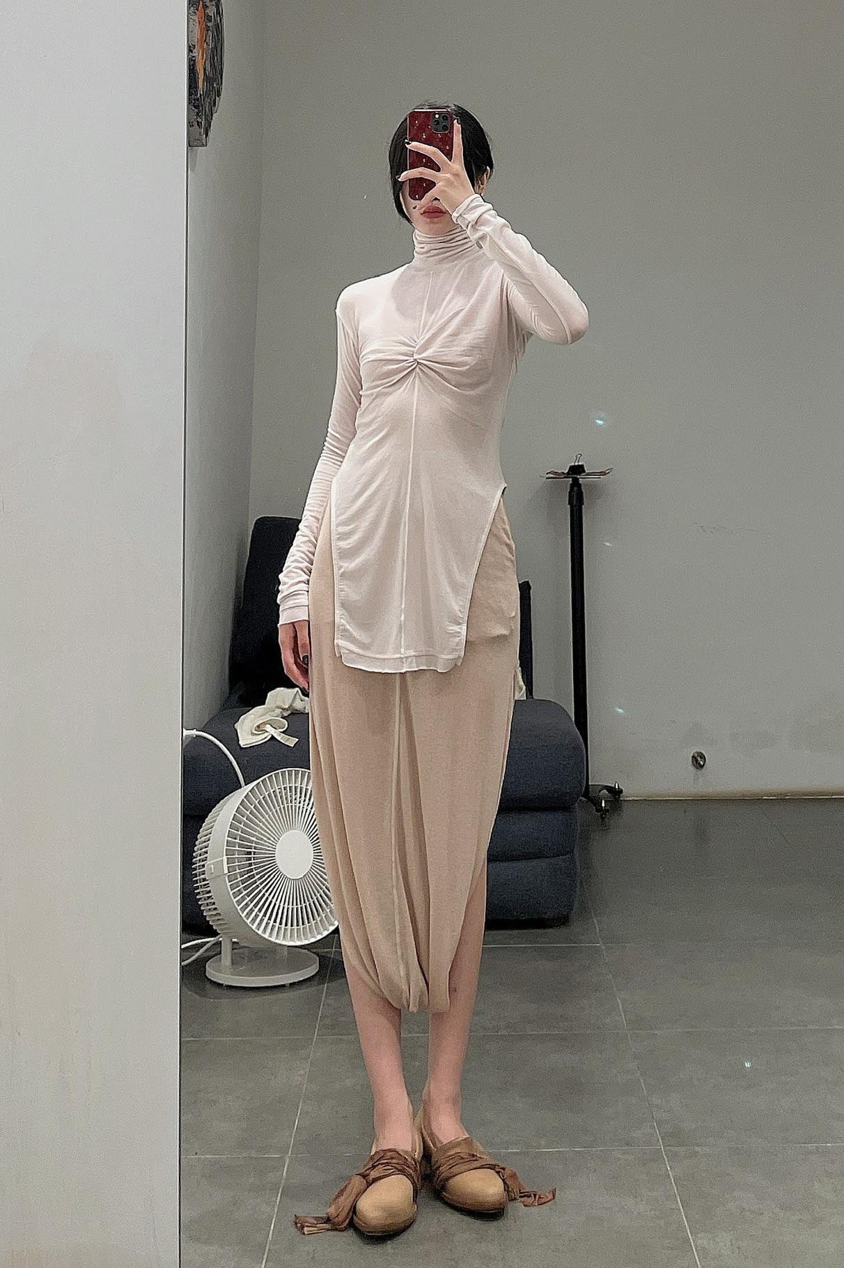 OUDE WAAG Turtleneck Ruched Long Sleeve Top OW-22AW-TP06 Pink White - Image 12
