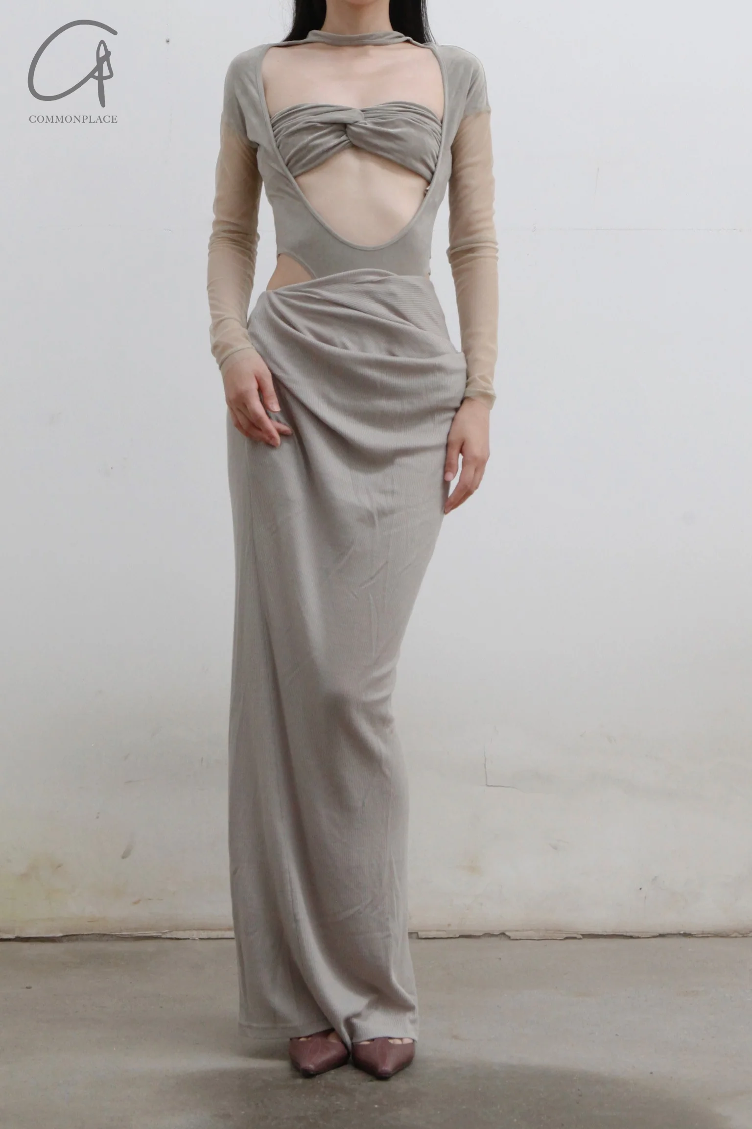 OUDE WAAG Velvet Deconstructed Cutout Bodysuit OW-22AW-BD01 Green Grey - Image 6