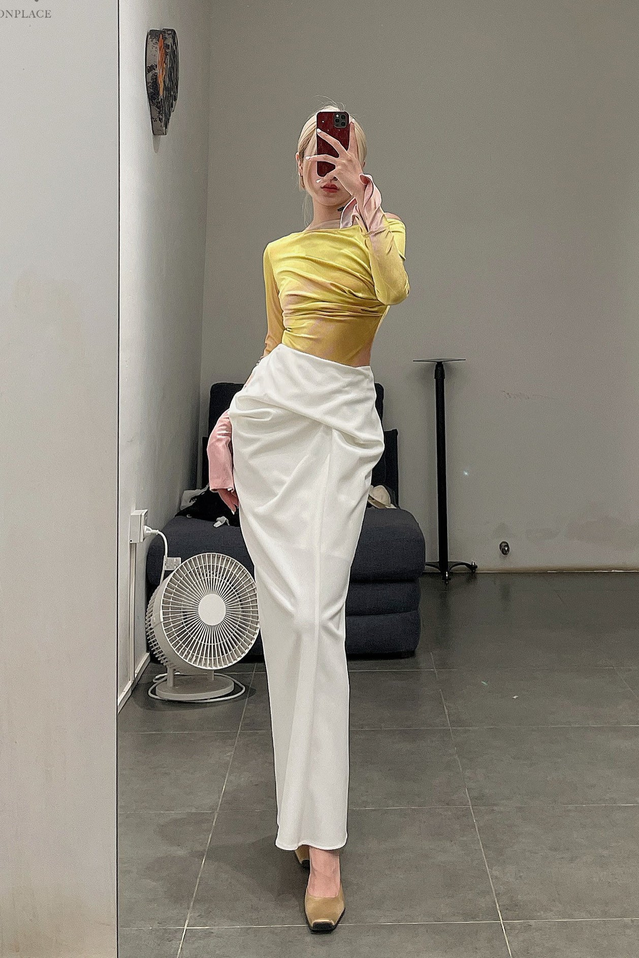 OUDE WAAG Velvet Draped Print Bodysuit OW-22AW-BD07 Yellow Pink Print - Image 7