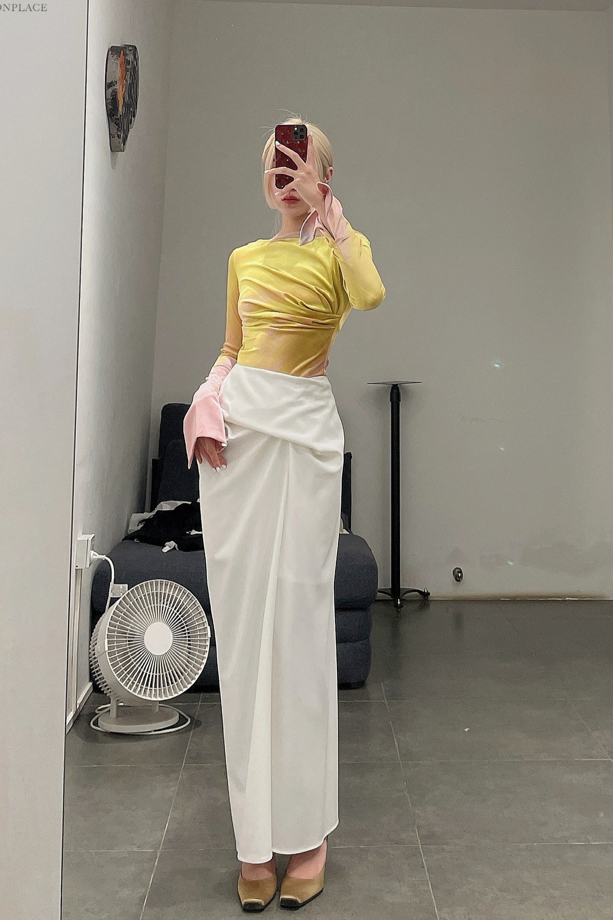 OUDE WAAG Velvet Draped Print Bodysuit OW-22AW-BD07 Yellow Pink Print - Image 8