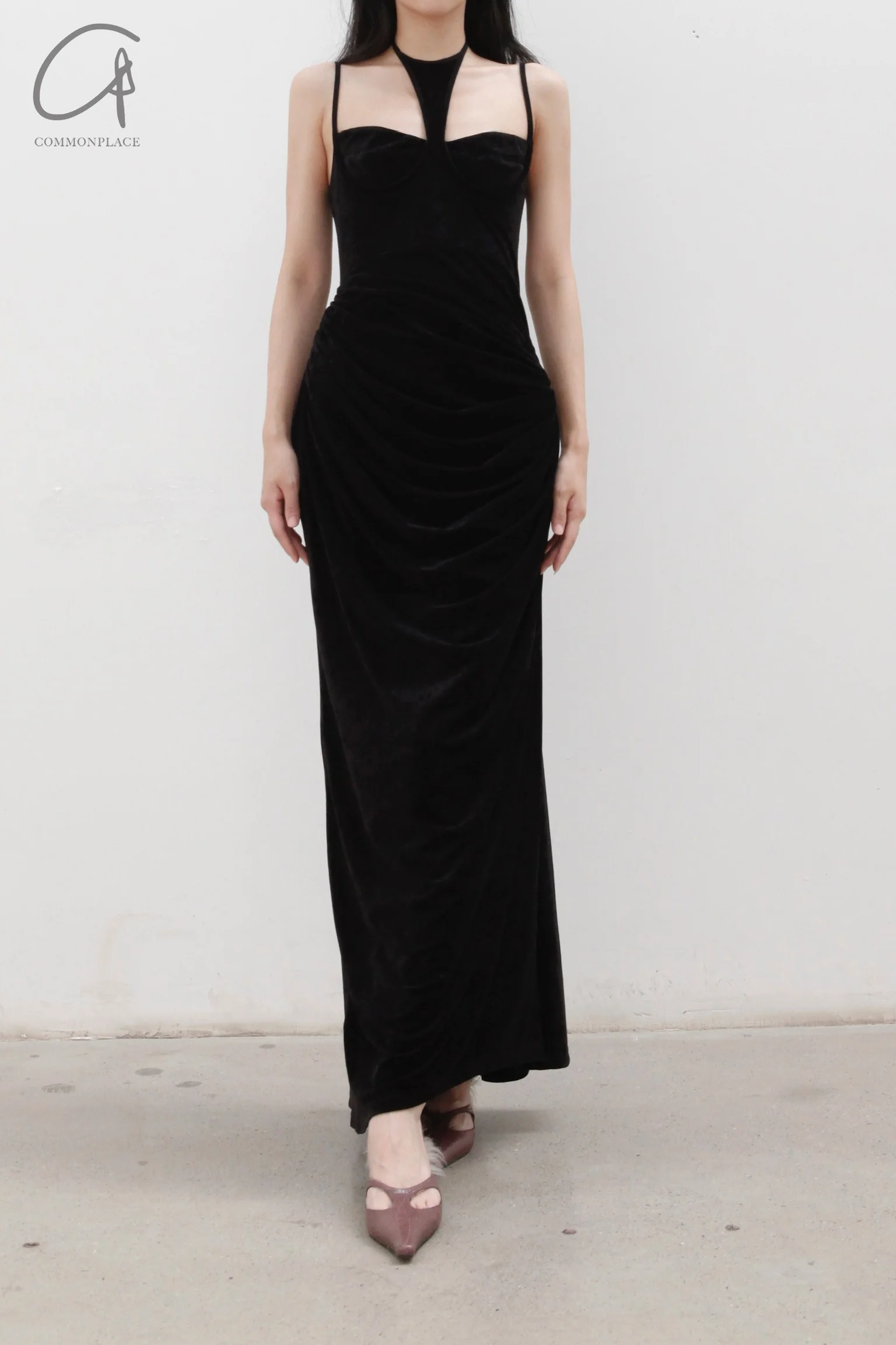 OUDE WAAG velvet halterneck drape print dress OW-22AW-DS03 black