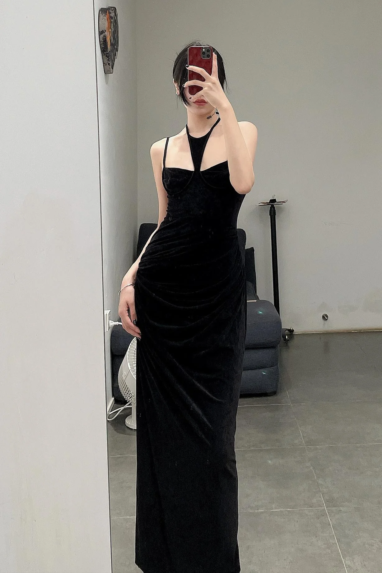 OUDE WAAG velvet halterneck drape print dress OW-22AW-DS03 black - Image 17