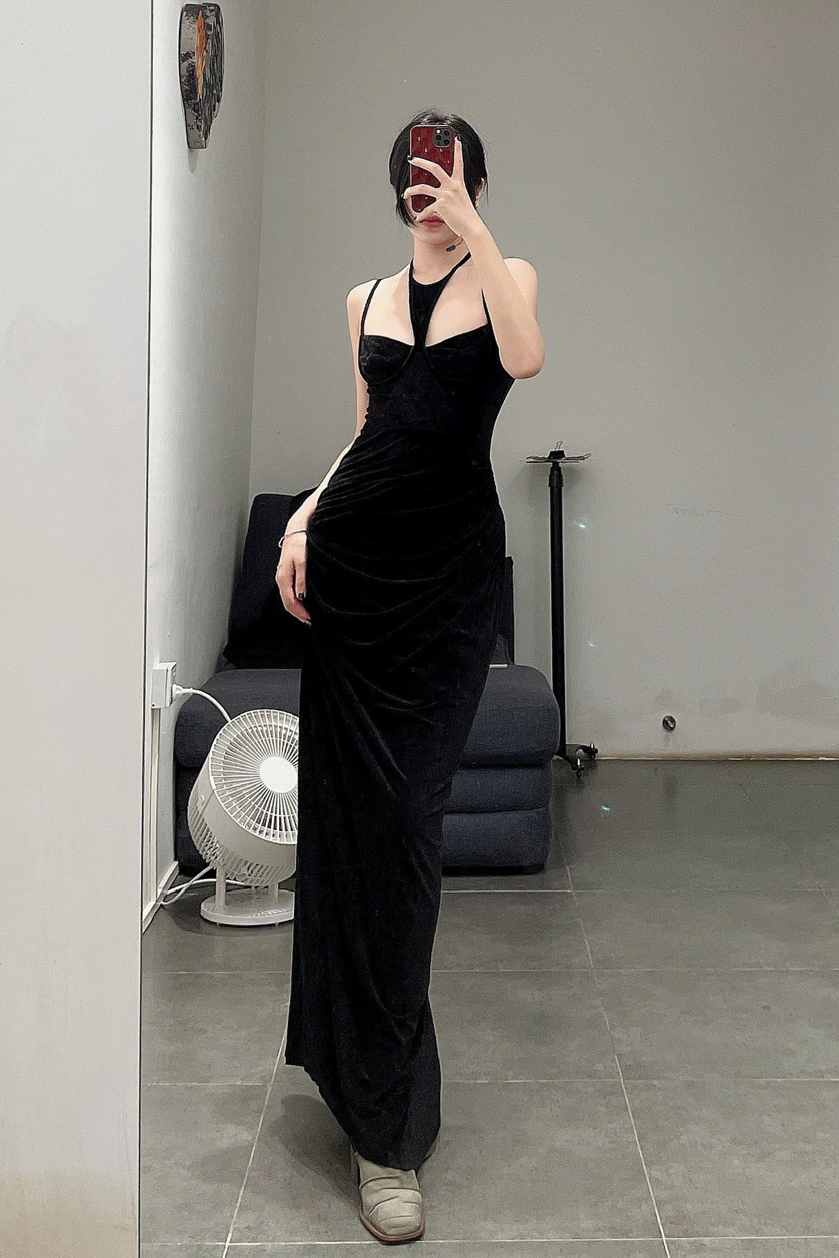 OUDE WAAG velvet halterneck drape print dress OW-22AW-DS03 black - Image 18