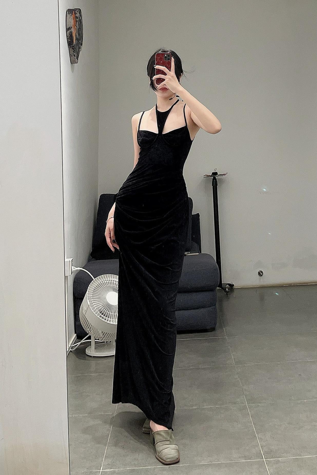 OUDE WAAG velvet halterneck drape print dress OW-22AW-DS03 black - Image 19