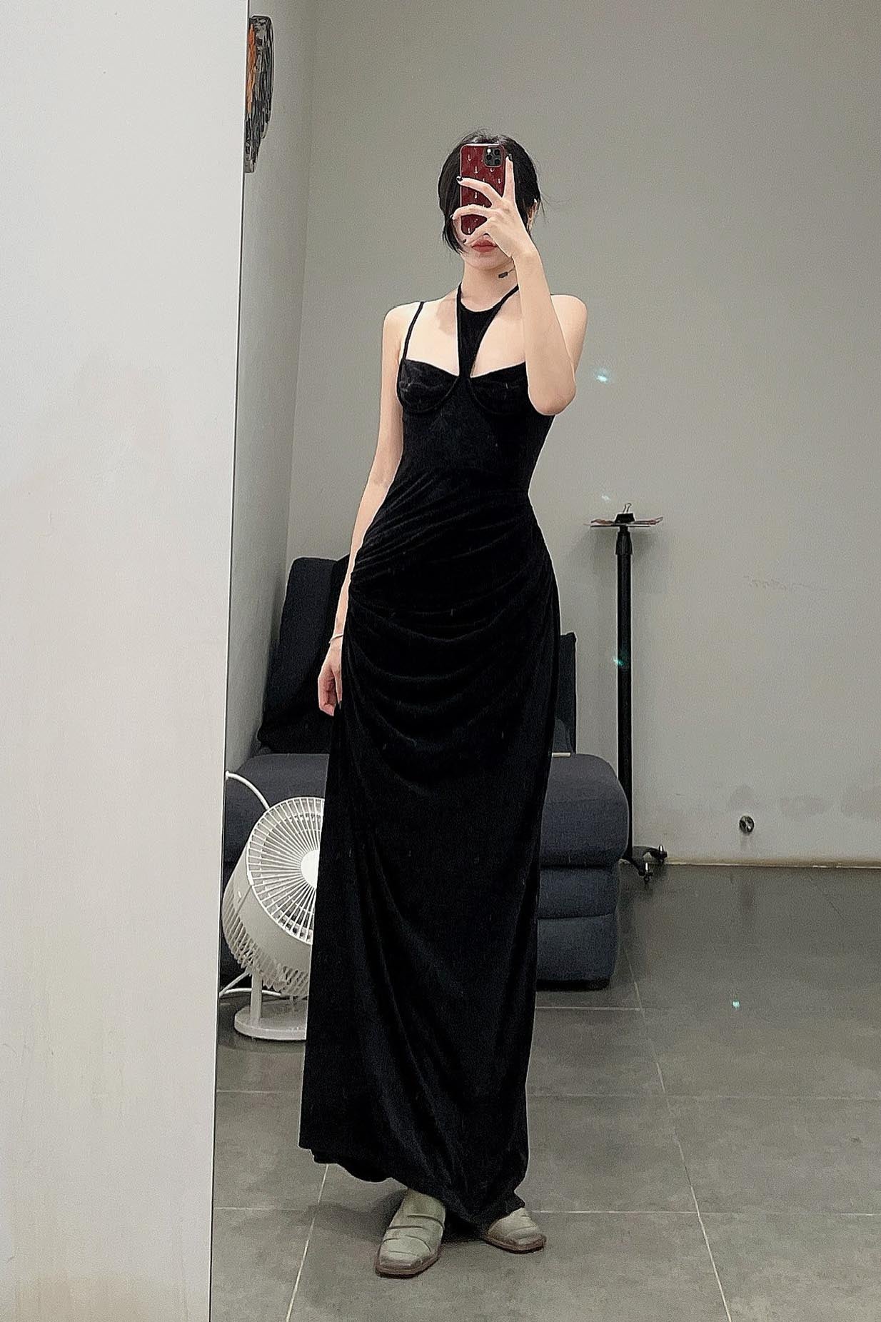 OUDE WAAG velvet halterneck drape print dress OW-22AW-DS03 black - Image 20