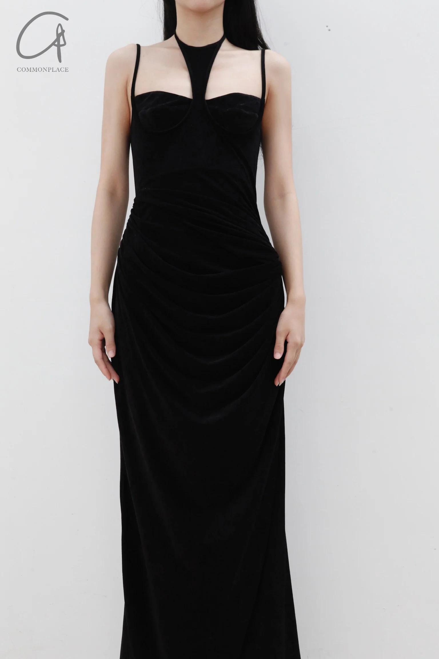 OUDE WAAG velvet halterneck drape print dress OW-22AW-DS03 black - Image 3