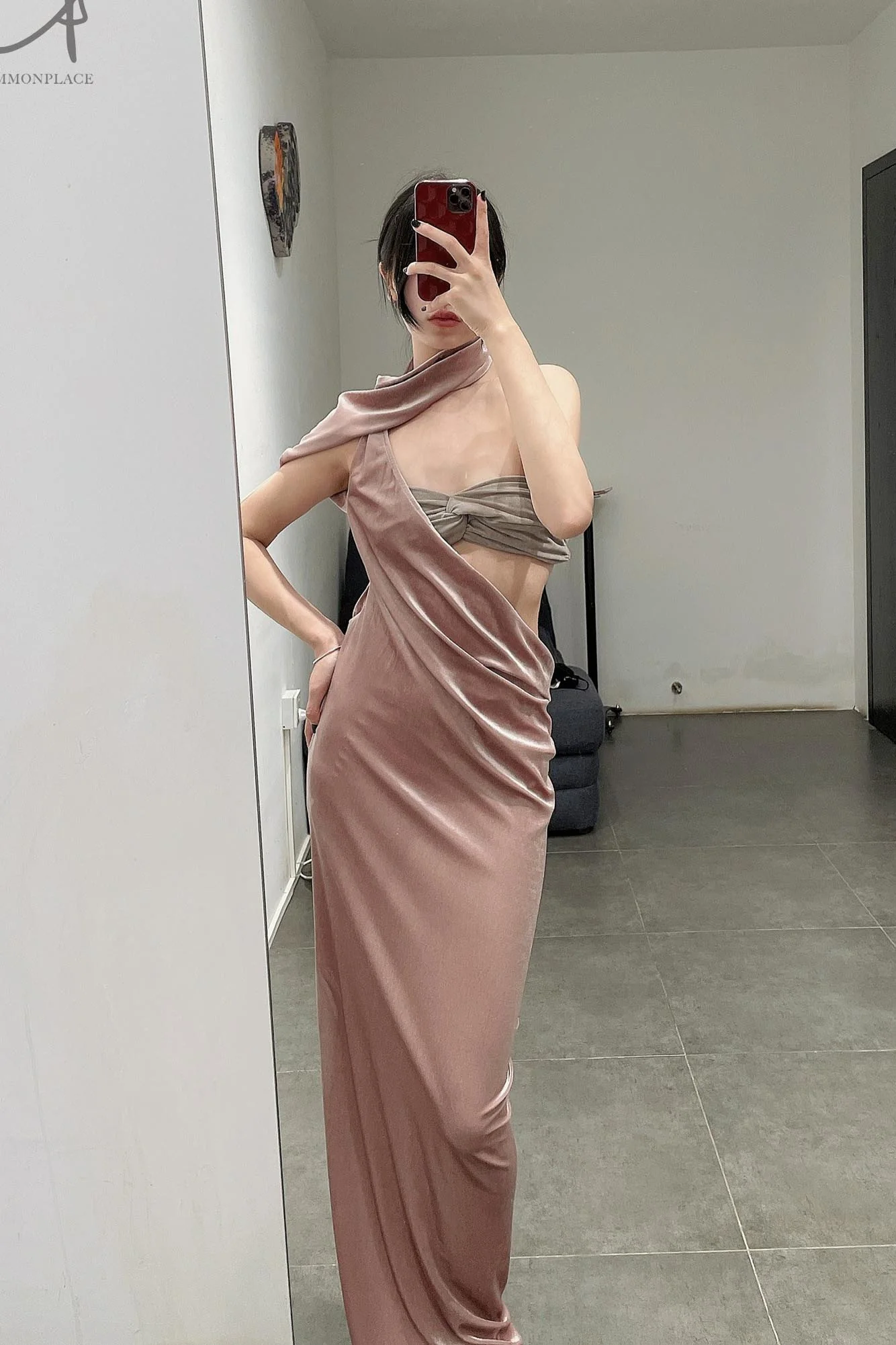 OUDE WAAG Velvet One Shoulder Drape Skirt OW-22AW-SK11 Tau Pink - Image 14
