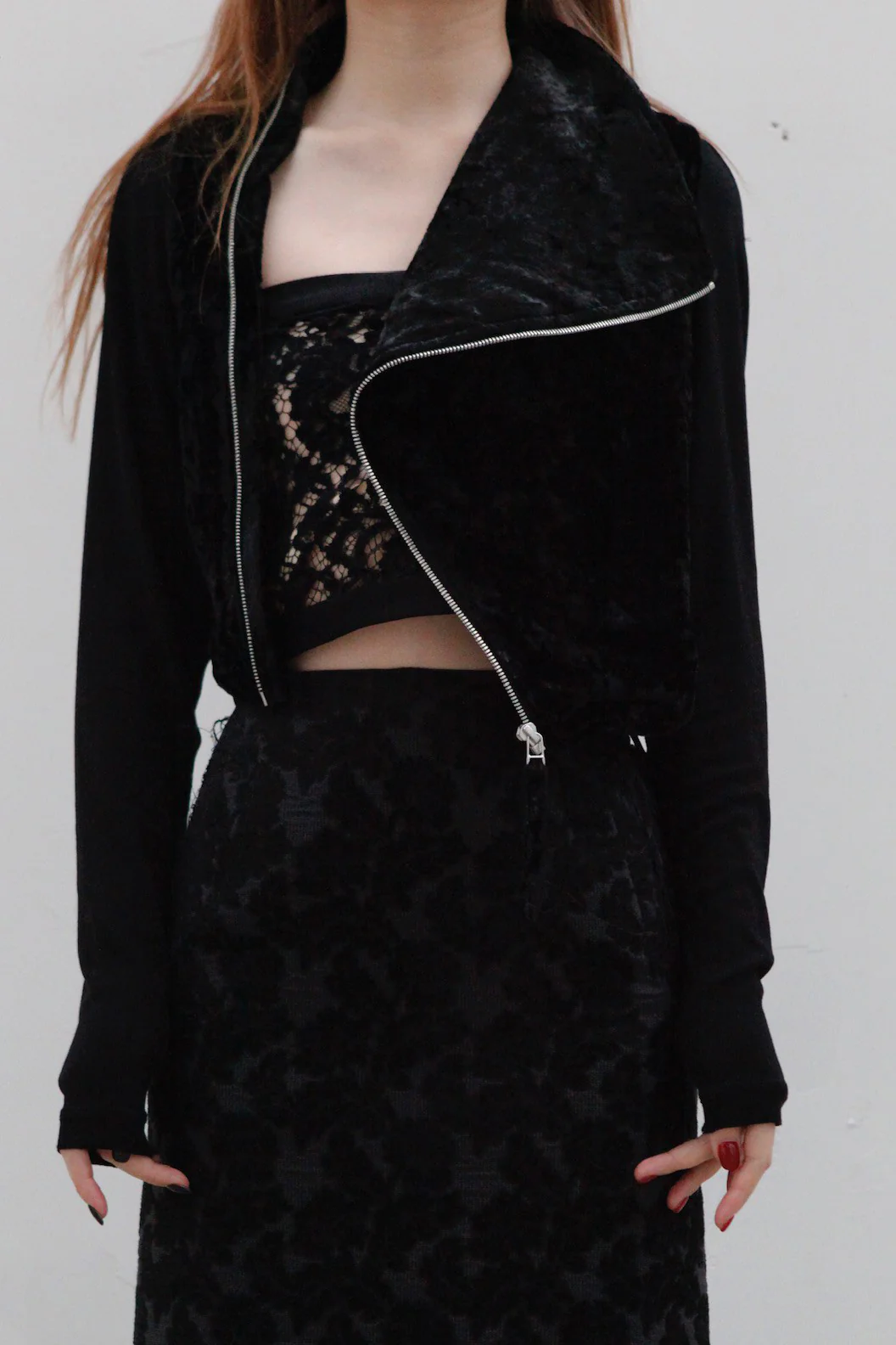 OUDE WAAG velvet splicing zipper jacket OW-23SS-JK01 black