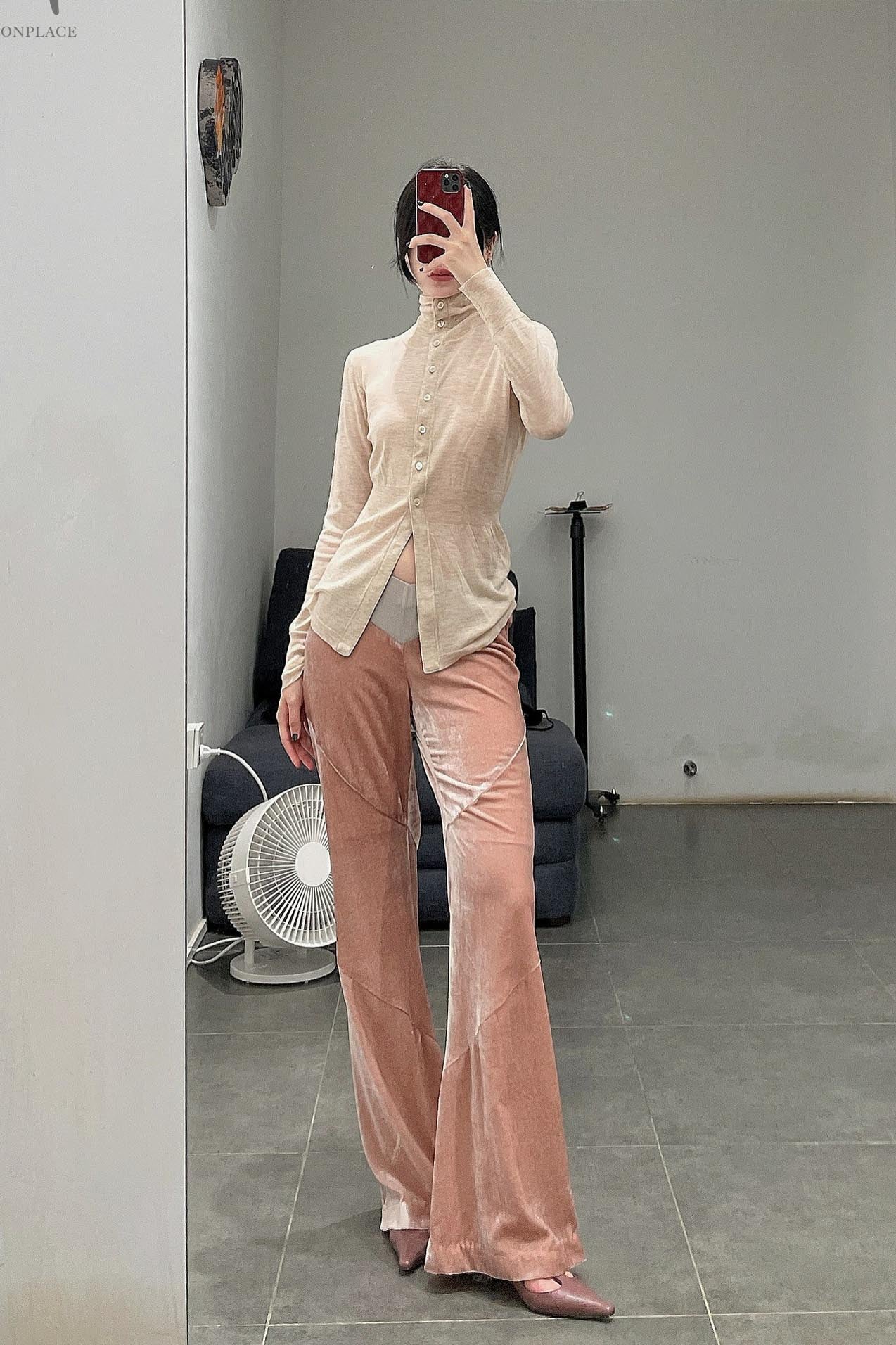 OUDE WAAG Water Soluble Wool Turtleneck Cardigan OW-22AW-KT10 Nude - Image 14