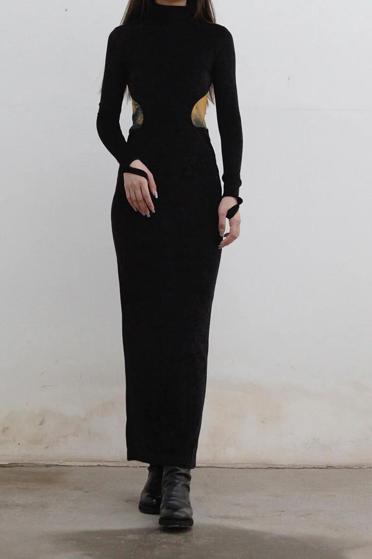 OUDE WAAG Wrap stitching print dress OW-21AW-DS10BL093 Black Orange POW22 - Image 2