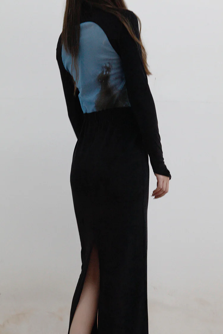 OUDE WAAG wrap stitching print dress OW-21AW-DS10BL096 black blue POW22 - Image 4