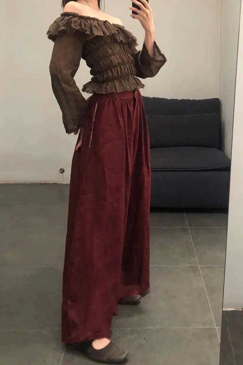 Peng Tai Burgundy Linen Wide Leg Pants S19090 - Image 2
