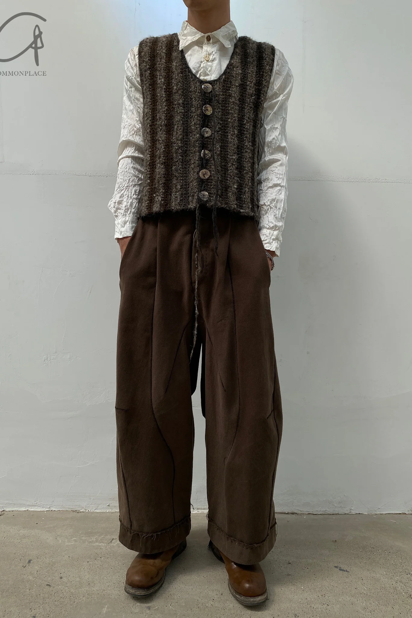 pengtai cotton and wool blended double pleated wide cotton twill pants M022 - Image 2