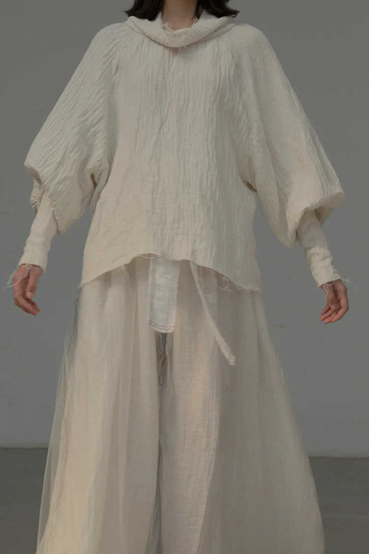 Peng Tai high collar, buttoned back, cuffed linen shirt PT-W20128-MIHUANG Beige PPT06 - Image 5