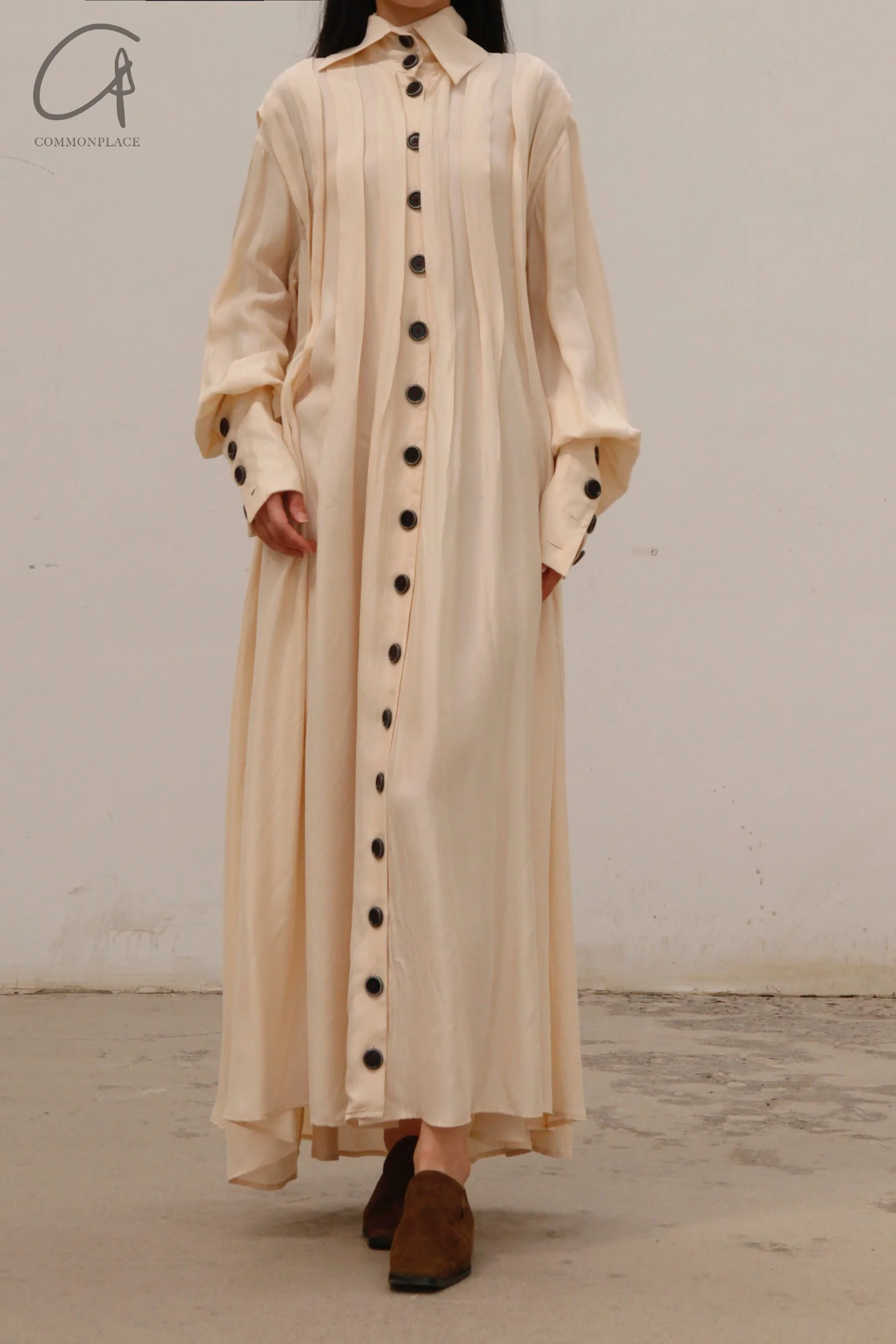 pengtai silk pleated maxi dress PTW22C09-1 almond - Image 5