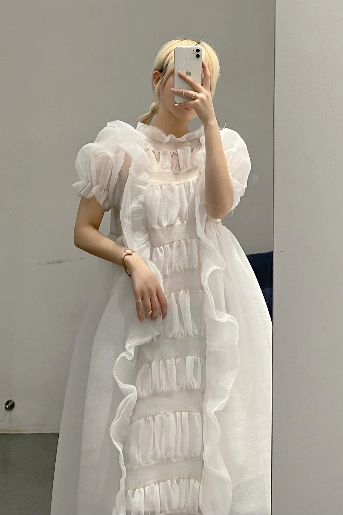 Peng Tai Pleated Puff Sleeve Cotton Dress Collection PT-S21083-BAI PPT2004 Transparent White - Image 10