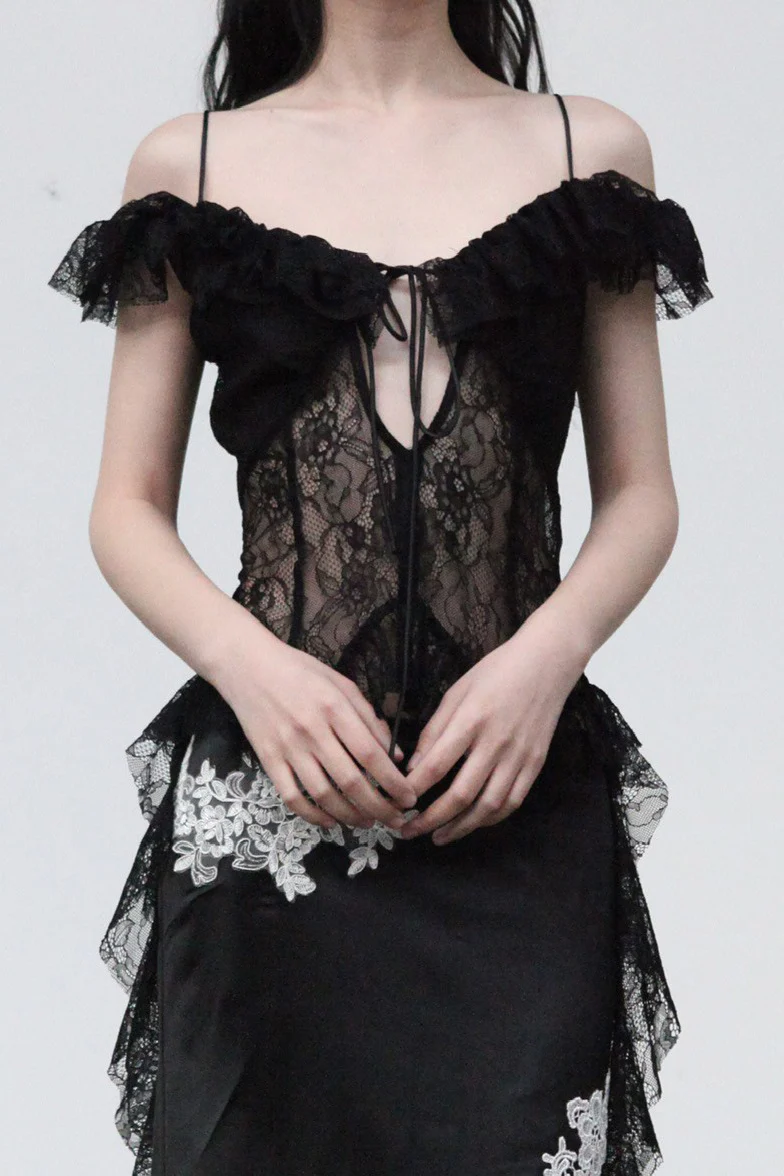 peng tai 24 spring and summer lace-up pleated top series PT-PTS24A03-2-HEI black