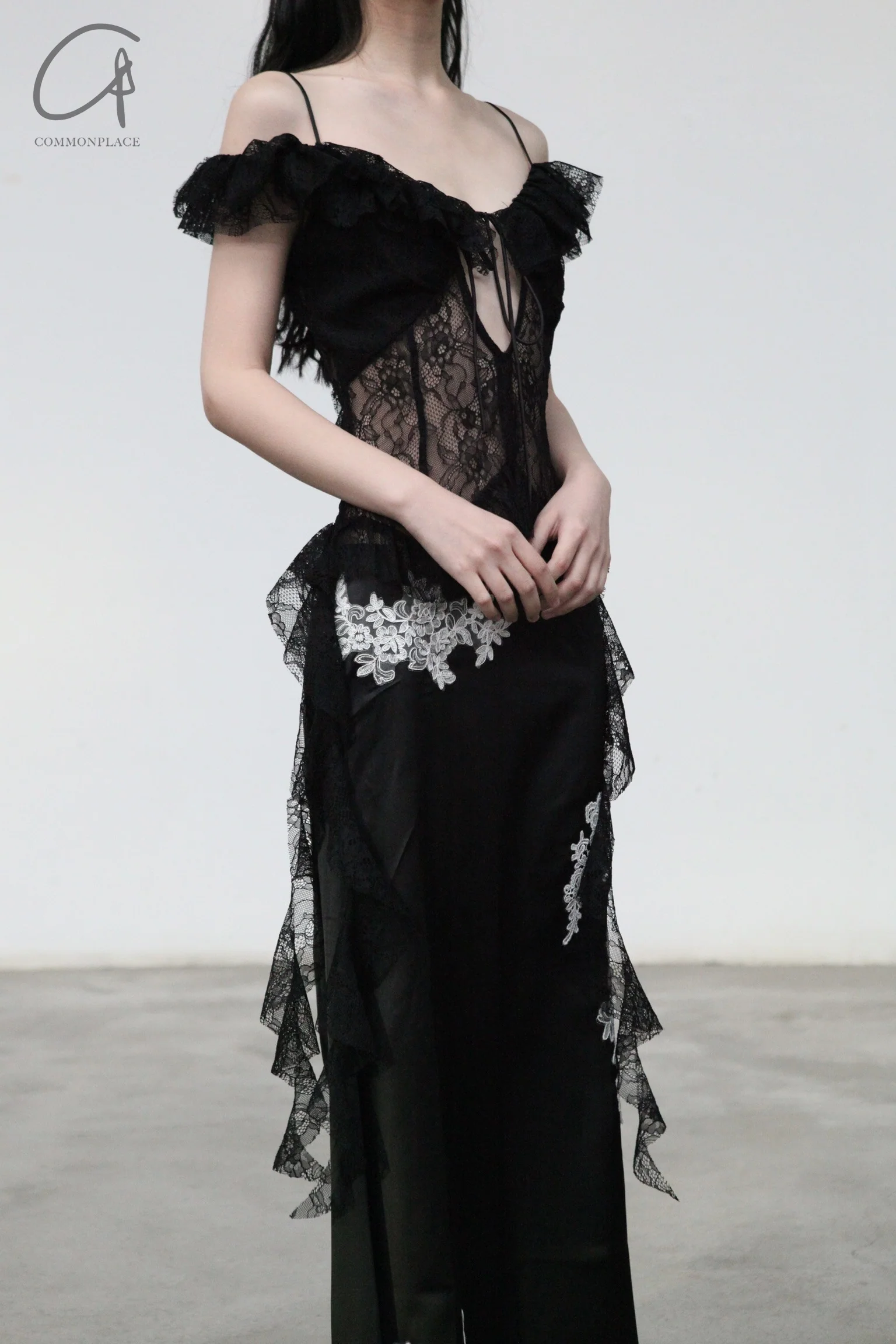 peng tai 24 spring and summer lace-up pleated top series PT-PTS24A03-2-HEI black - Image 2