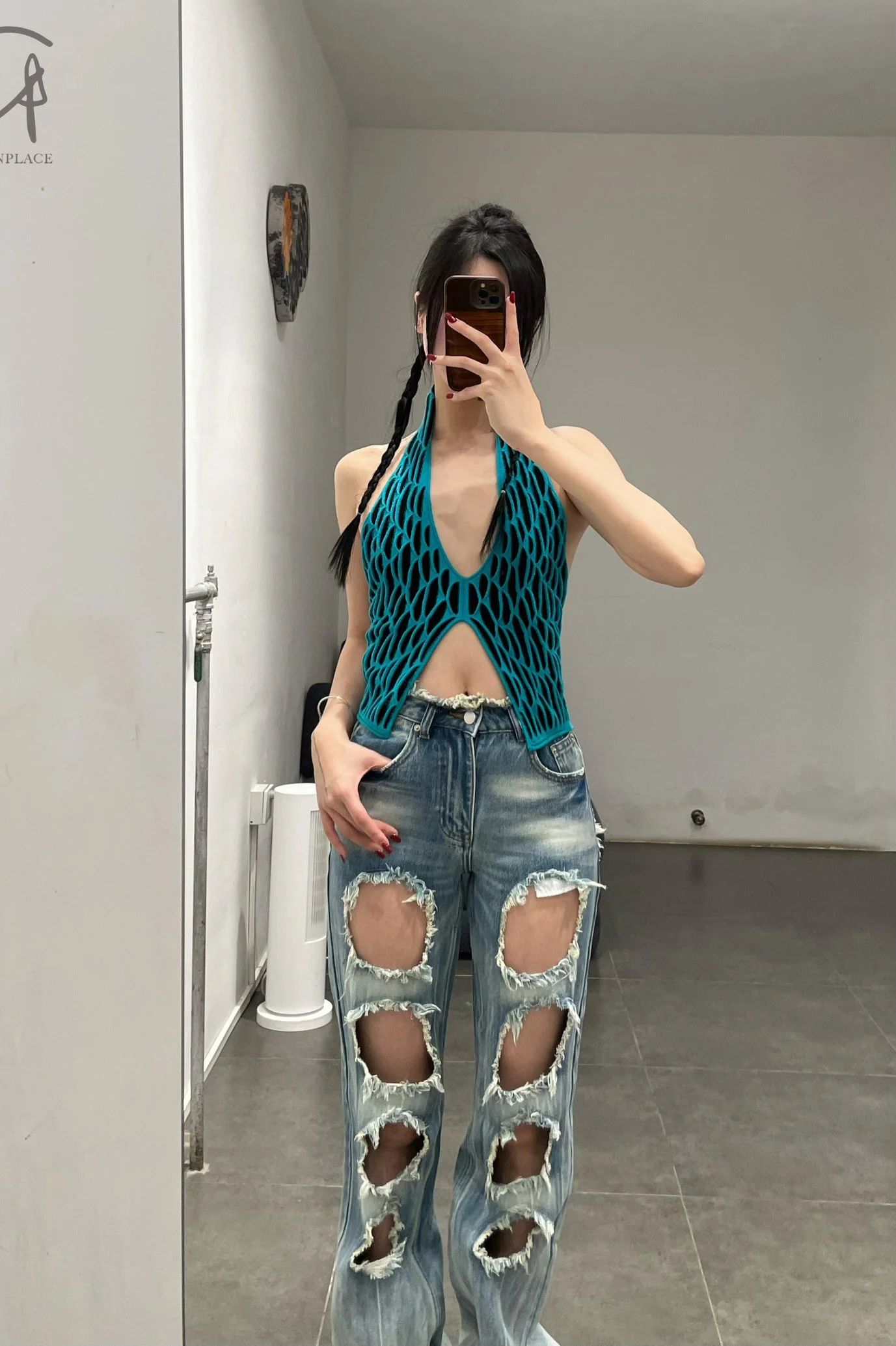 RUI animal print V-neck halter top RSS24KN03 Teal&Onyx blue&black - Image 9