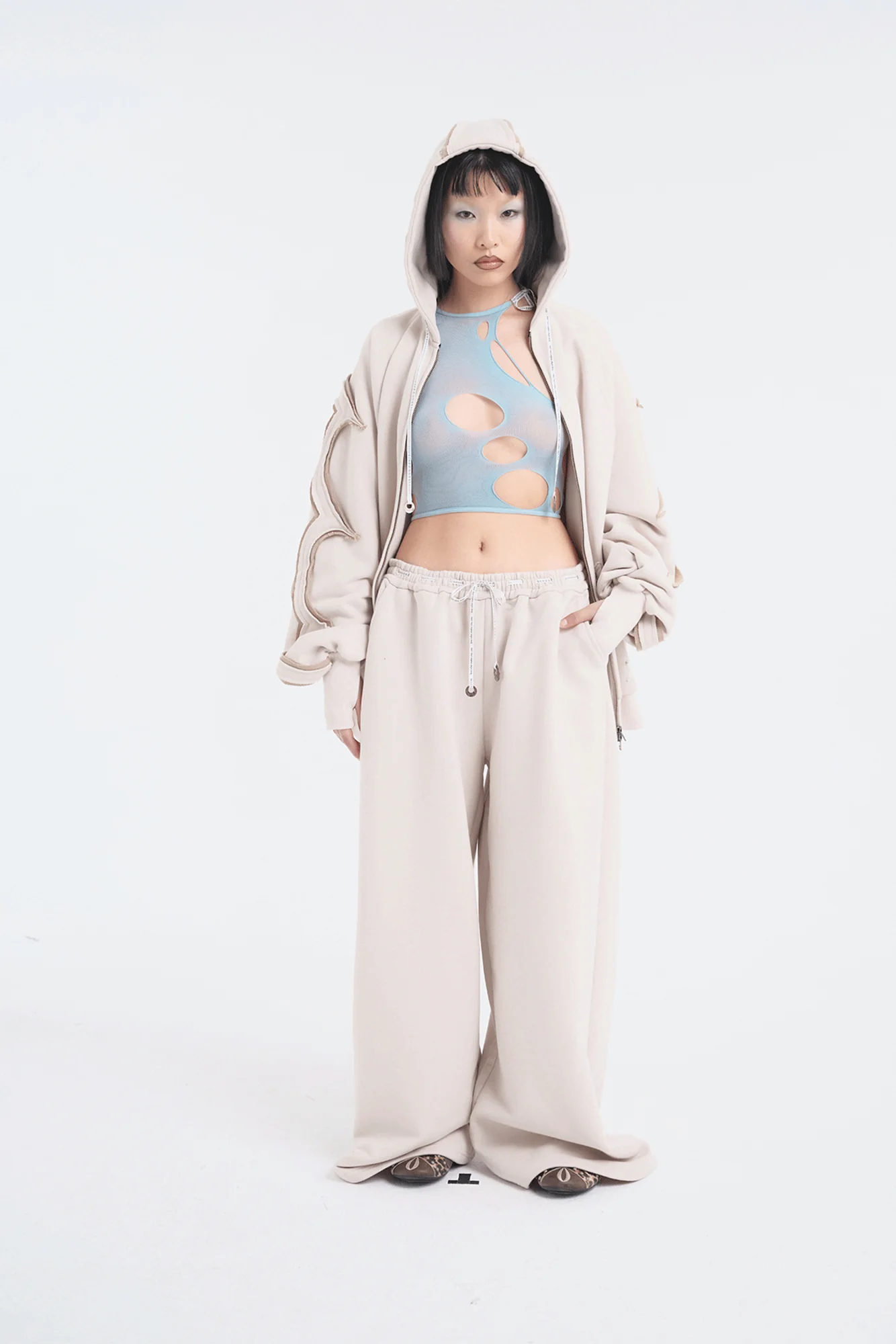 RUI built 25 autumn and winter patchwork loose drawstring zipper sweatshirt RUI-RAW25WV14-SeaShell - Image 3