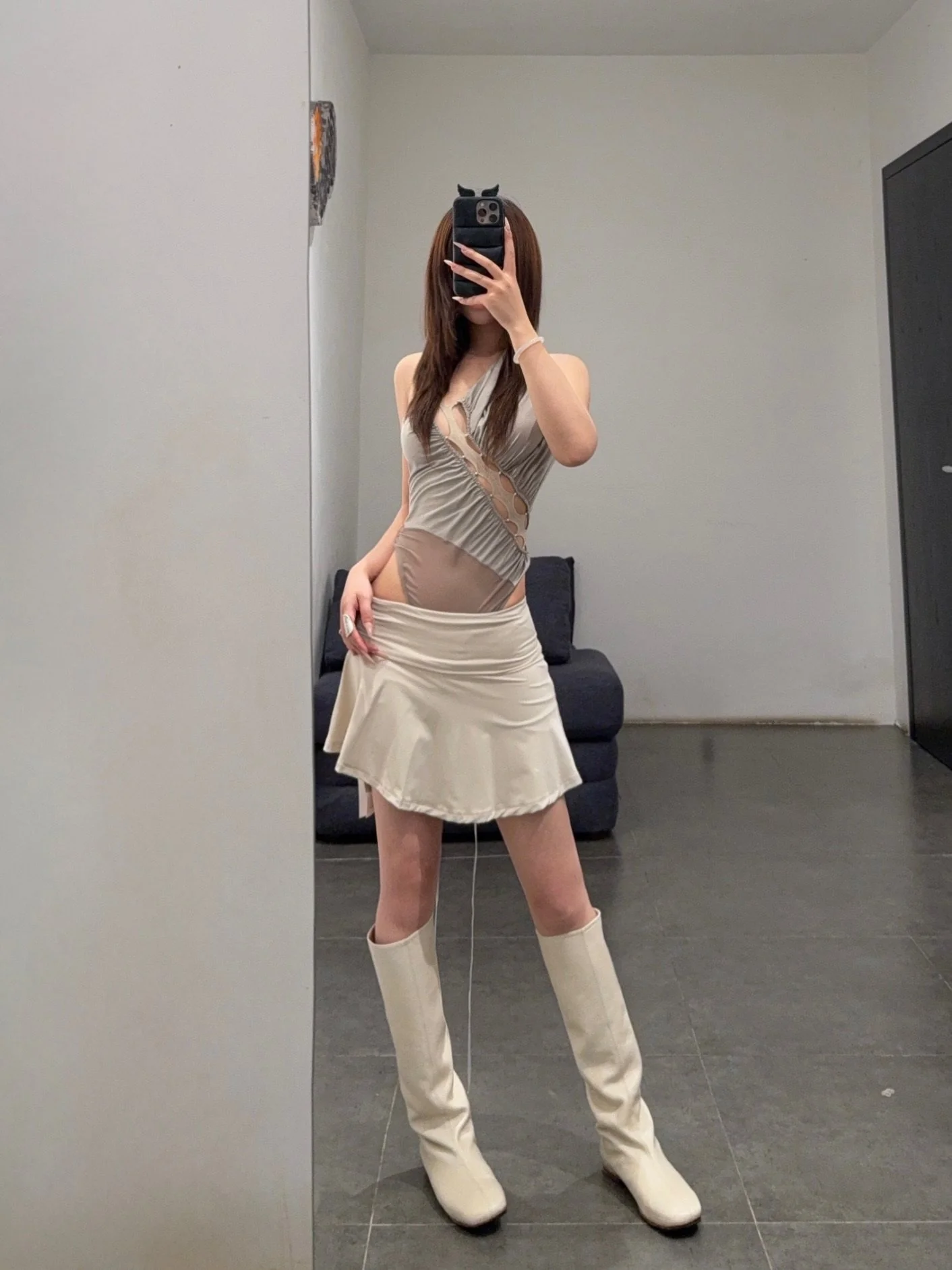 RUI built 25 spring and summer one-shoulder stitching pleated jumpsuit RUI-RSS25WV11-HUI Gray Smoke - Image 11
