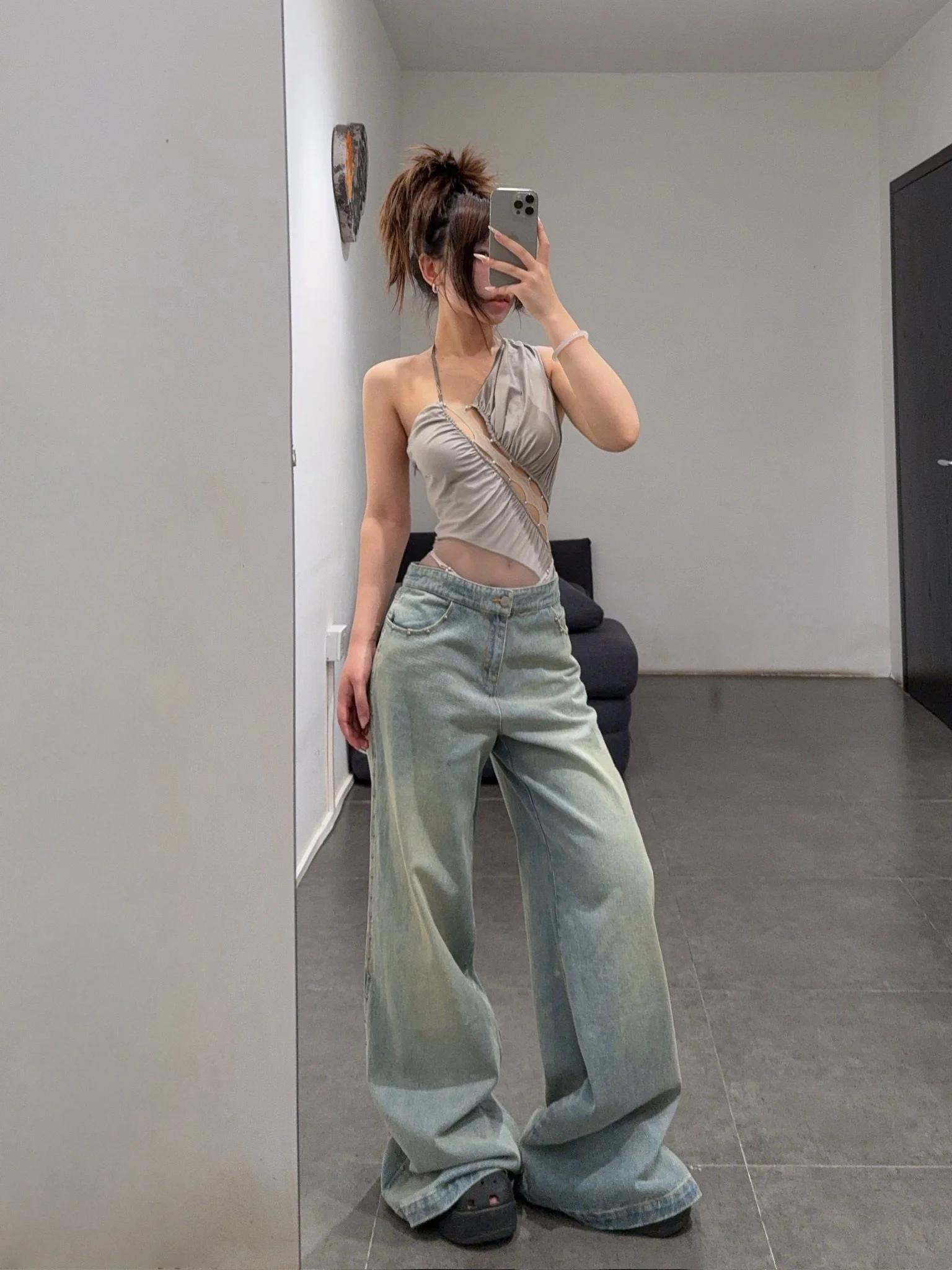 RUI built 25 spring and summer one-shoulder stitching pleated jumpsuit RUI-RSS25WV11-HUI Gray Smoke - Image 13
