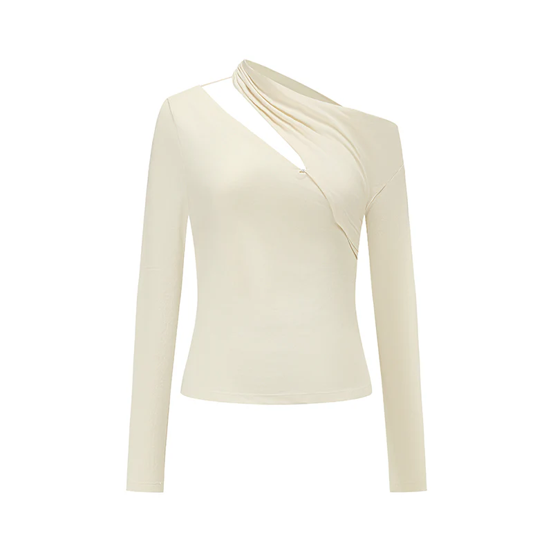 RUI built 26 Early Spring Ruffled Off-Shoulder Long Sleeve T-Shirt RUI-S26WV08BOS-Bone - Image 6