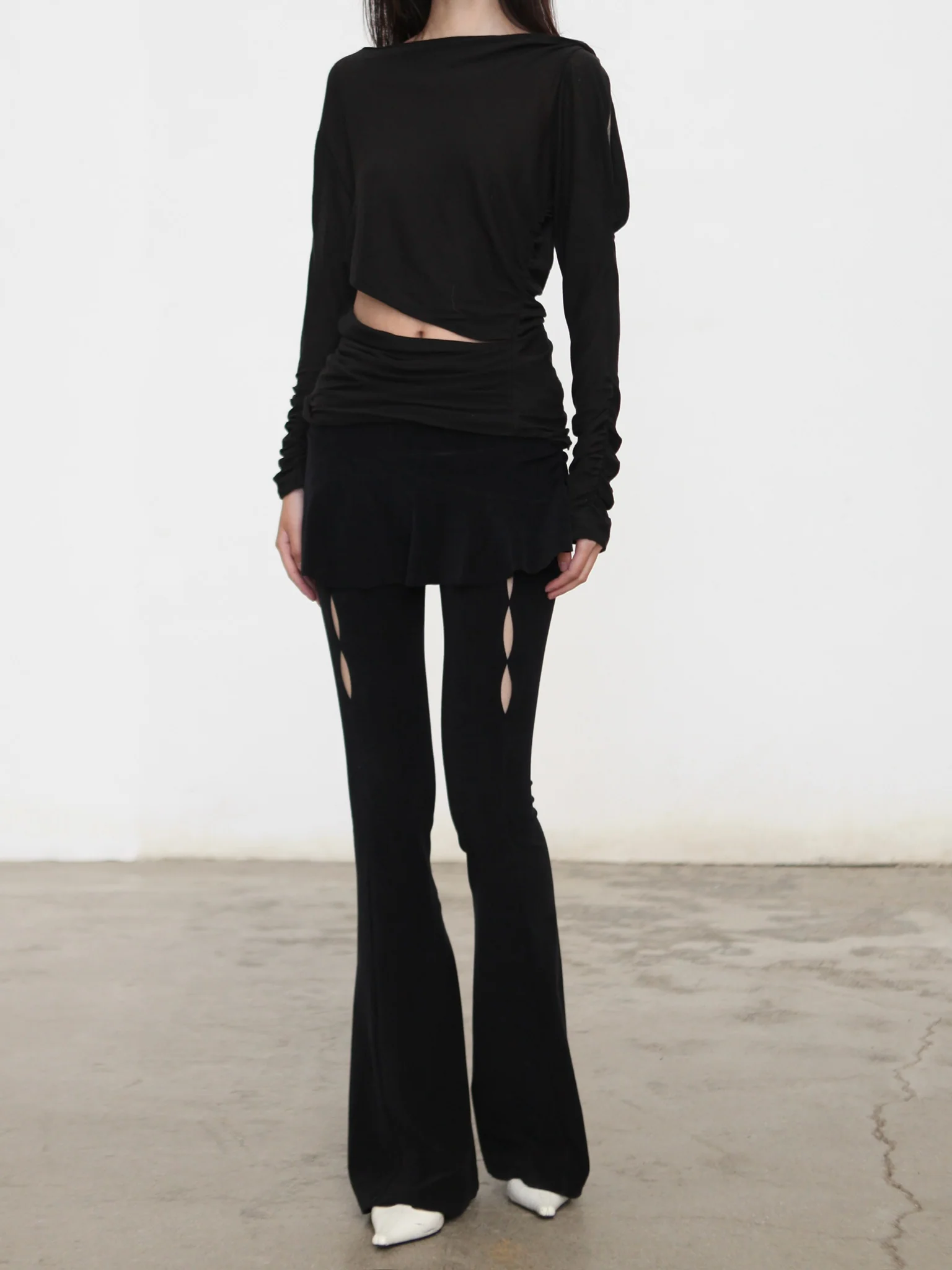 RUI built 26 Early Spring Terry Fabric Hollow-Out Flared Skirt Pants RUI-S26WV06-Onyx black - Image 8