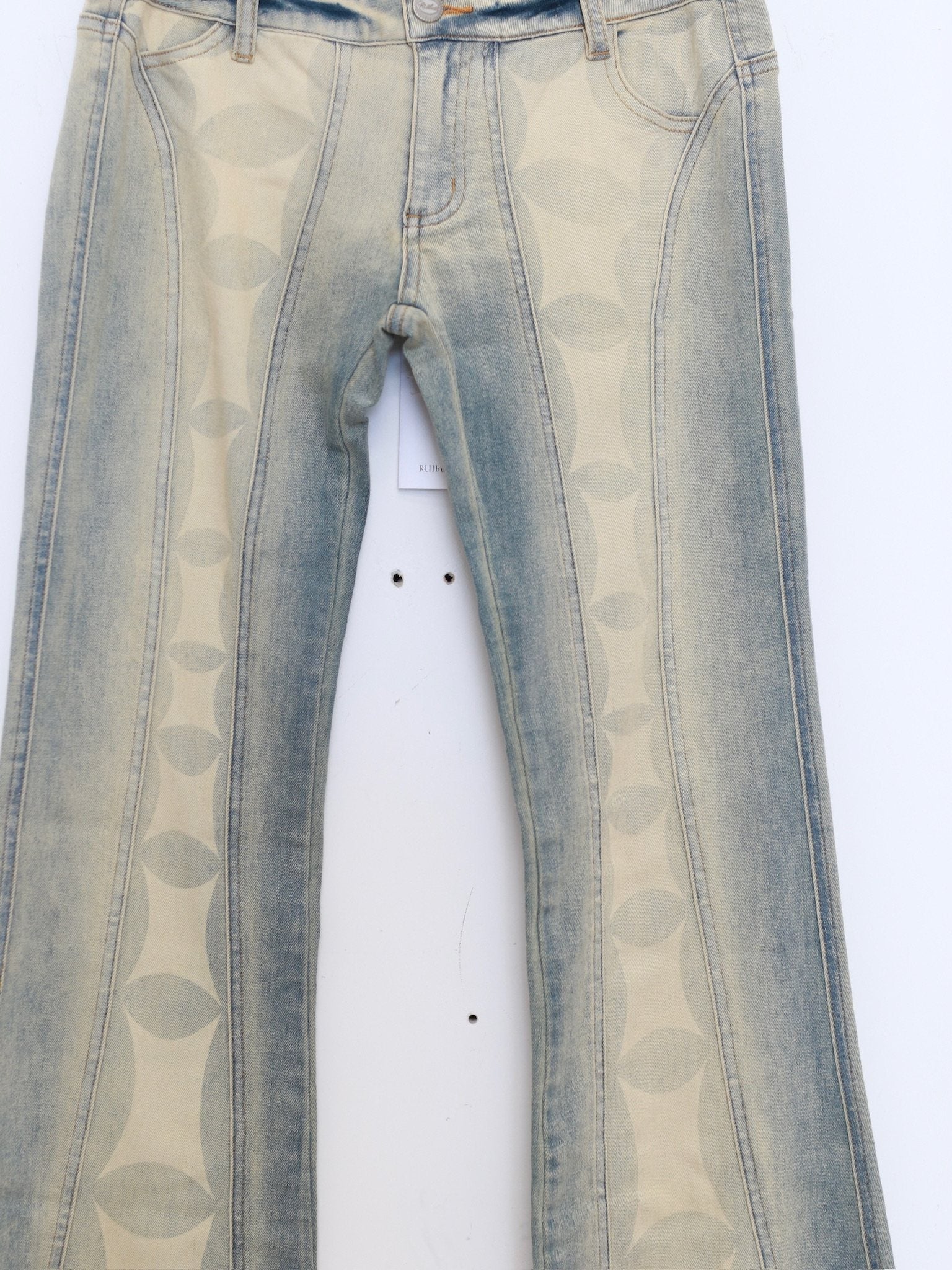 RUI built Spring/Summer 2026 Denim Print Thin Strap Asymmetrical Patchwork Flared Pants RUI-S26WV28-Sun-faded Blue (Sun-faded Vintage Blue) - Image 3