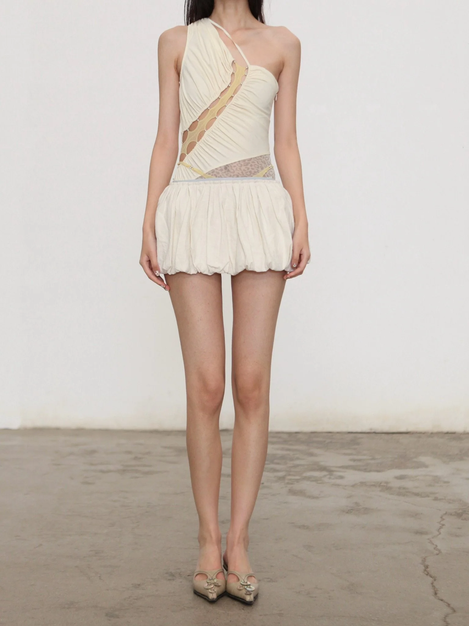 RUI built Spring/Summer 2026 One-Shoulder Gathered Leopard Print Mesh Jumpsuit RUI-S26WV07-Bone (Off-White) - Image 3