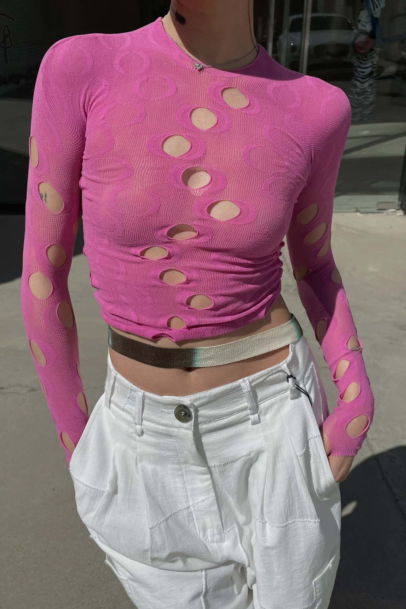 Rui Zhou JW03 series hollow long-sleeved elastic top RUI-RUIFW21JW03F-TAOHONG Fuschia Aqua RUIFW21JW03 - Image 9