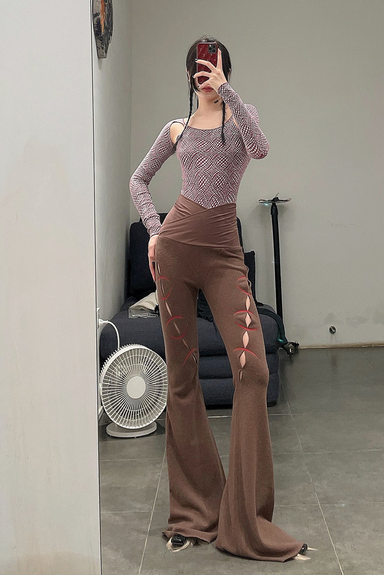 RUI Embroidered Flared Pants RAW22WV04 Chestnut&Ruby Brown Chestnut & Red - Image 11