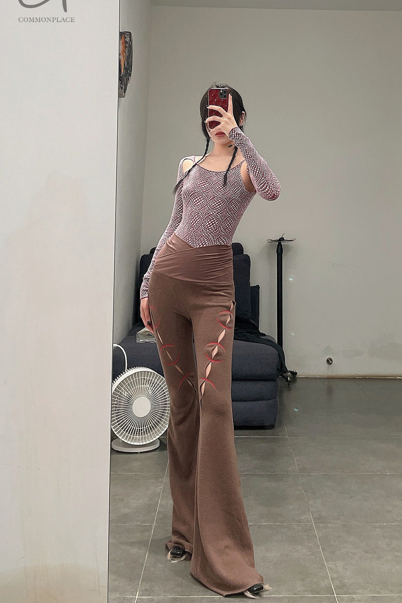 RUI Embroidered Flared Pants RAW22WV04 Chestnut&Ruby Brown Chestnut & Red - Image 12