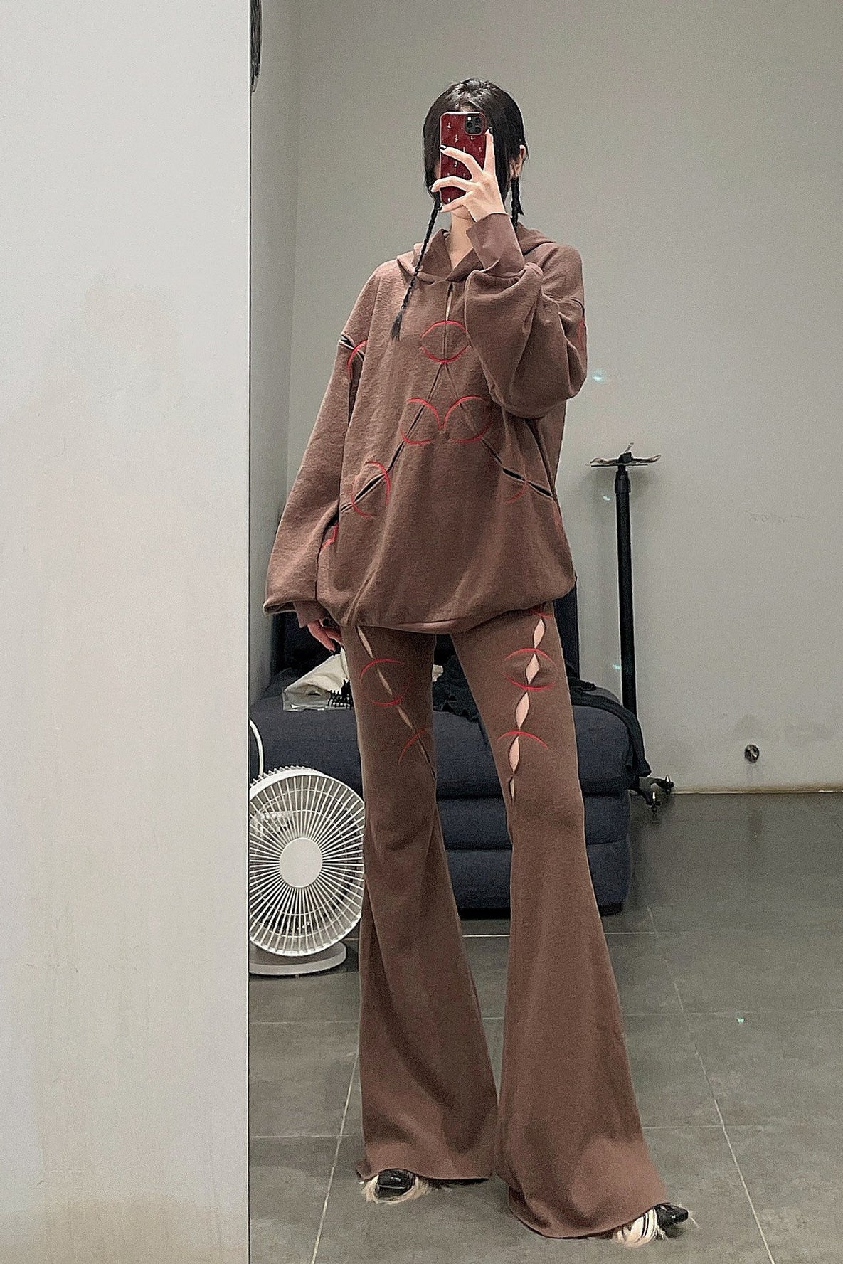 RUI Embroidered Flared Pants RAW22WV04 Chestnut&Ruby Brown Chestnut & Red - Image 17