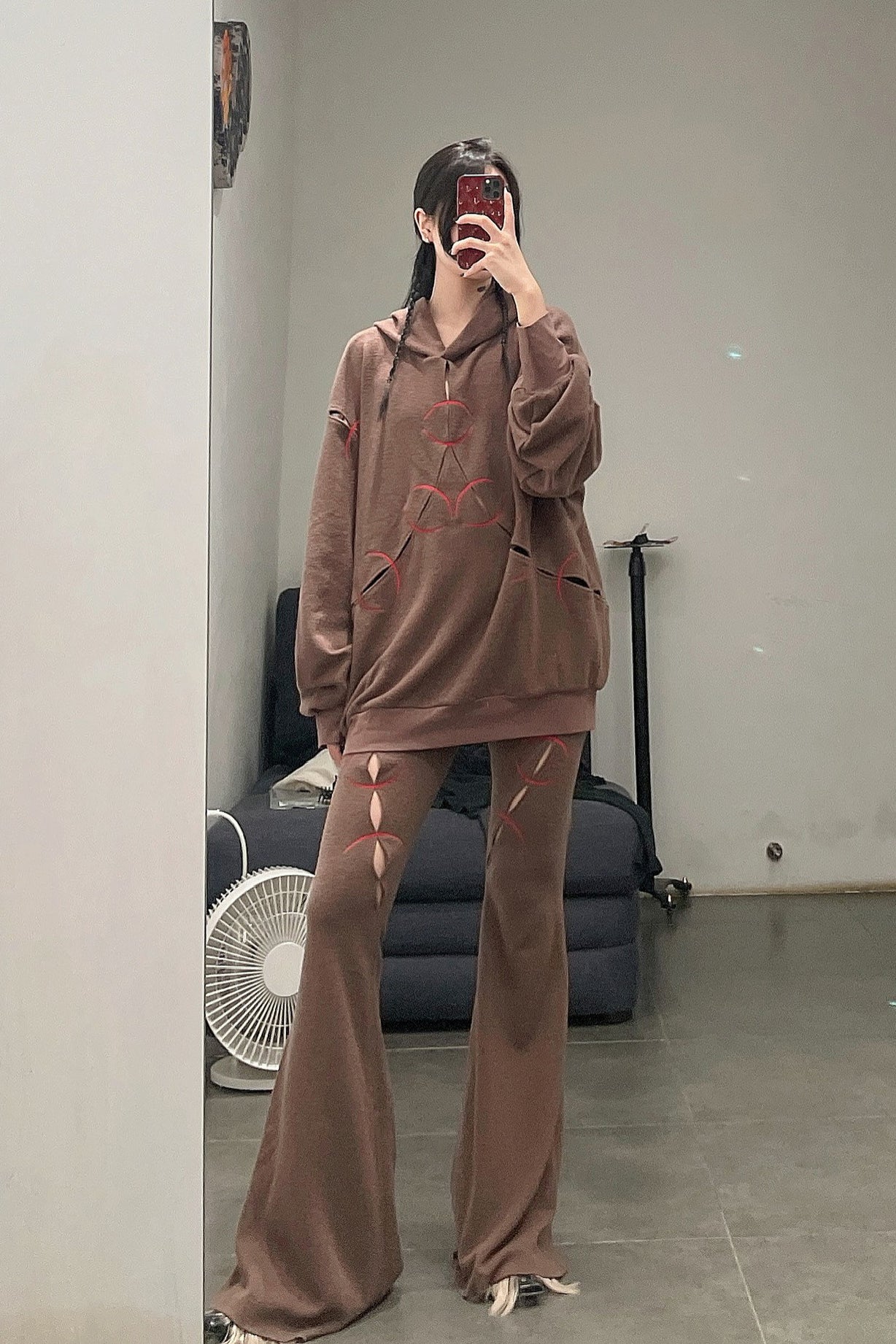 RUI Embroidered Flared Pants RAW22WV04 Chestnut&Ruby Brown Chestnut & Red - Image 19