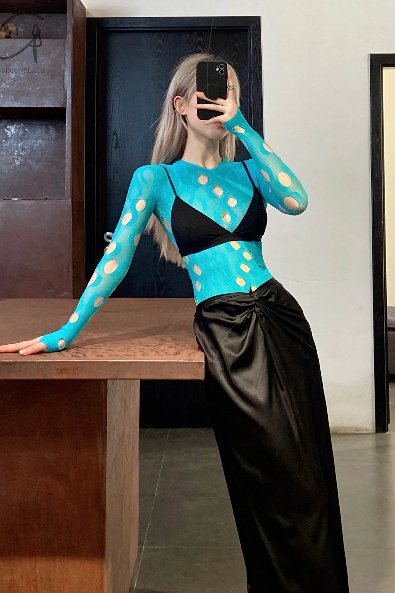Rui Zhou JW03 series hollow long-sleeved elastic top RUI-RUIFW21JW03T-LANLV-2 Teal/2 - Image 11